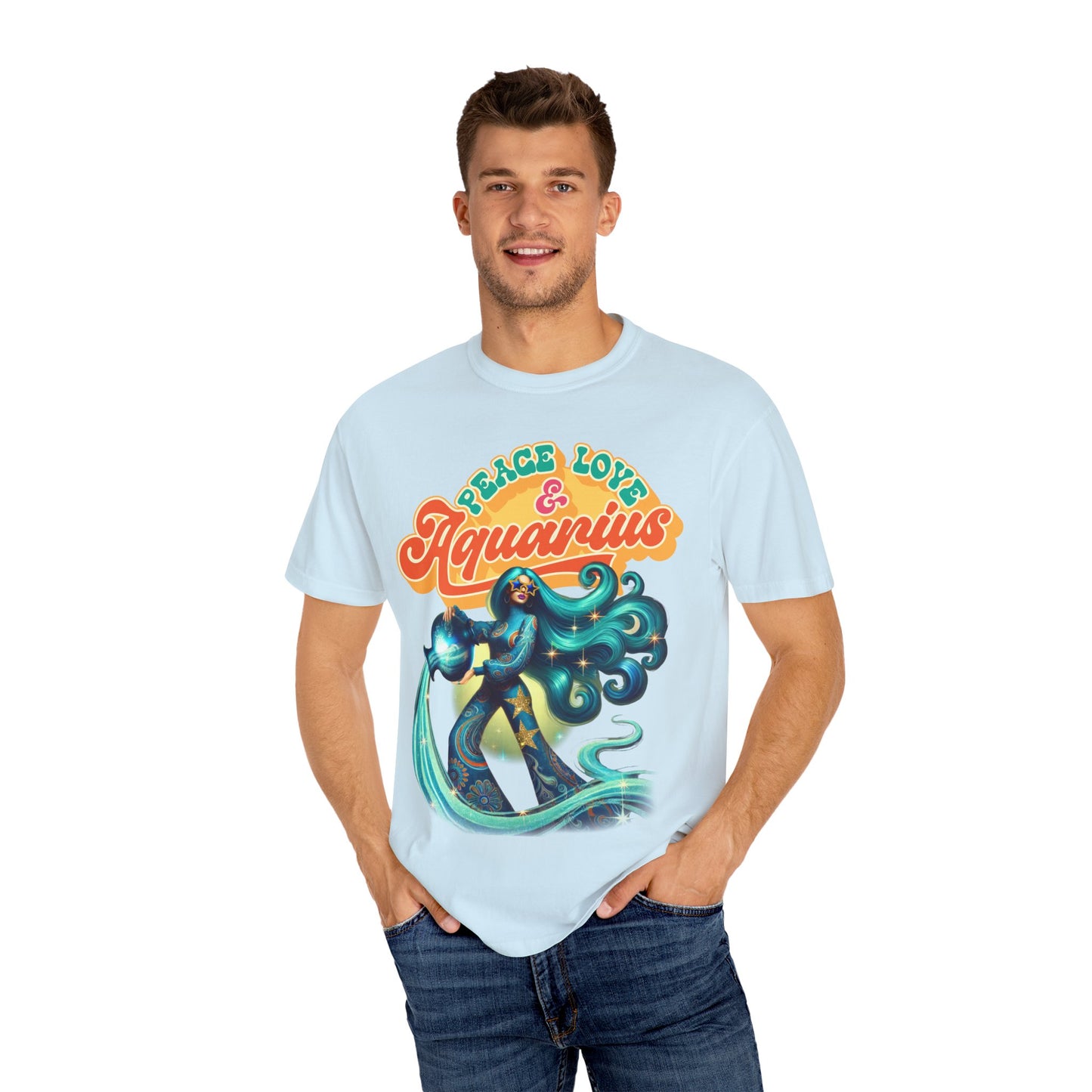 Peace Love & Aquarius – Retro Zodiac Water Bearer Tee