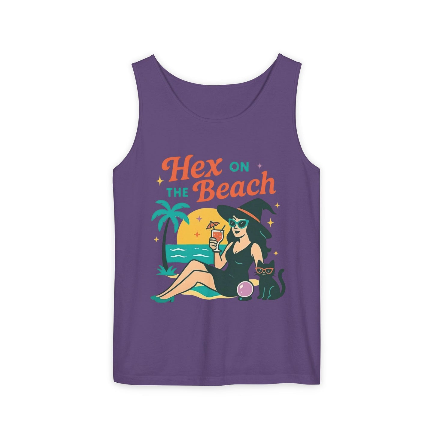 Hex on the Beach โ Sunset Witch Tank with Cat & Cocktail (Unisex)