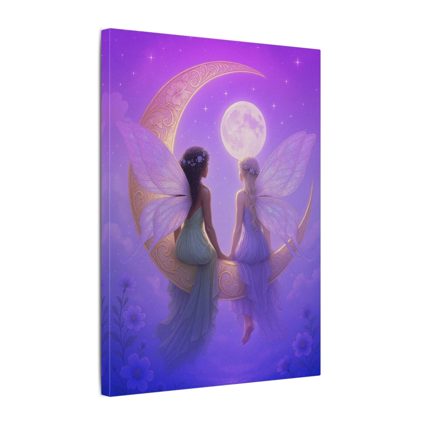 Fairy Friends on the Moon – Enchanted Purple Dream Wall Art