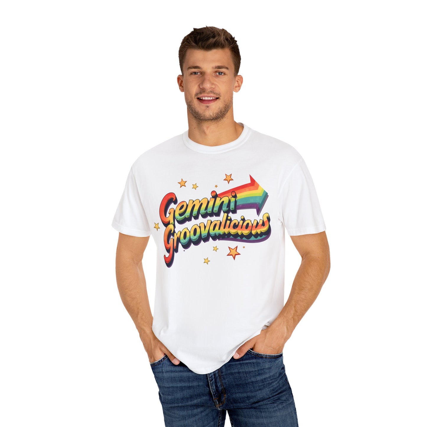 Gemini Groovalicious - Retro Rainbow Arrow Zodiac Tee