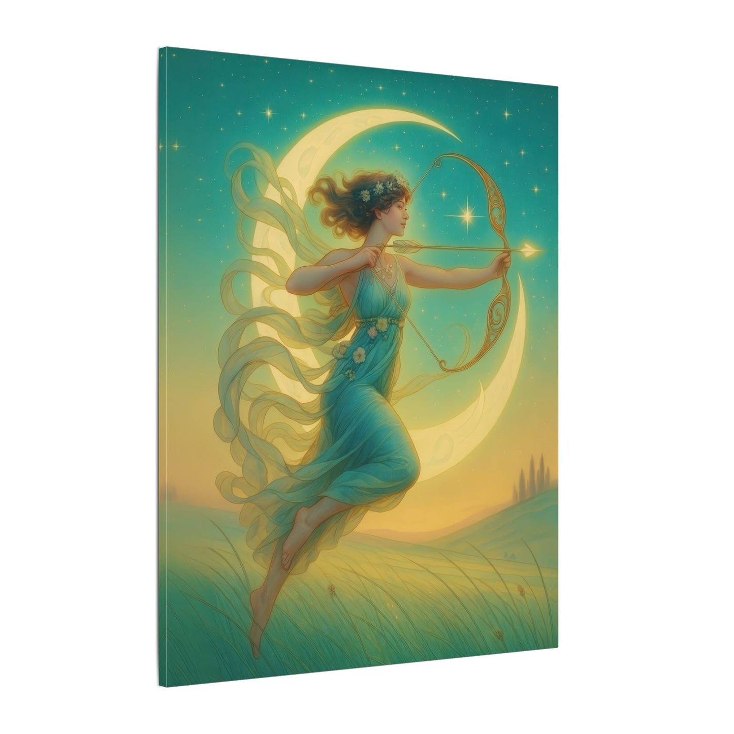 Artemis of the Stars – Celestial Moon Goddess Art Nouveau Canvas Wall Art
