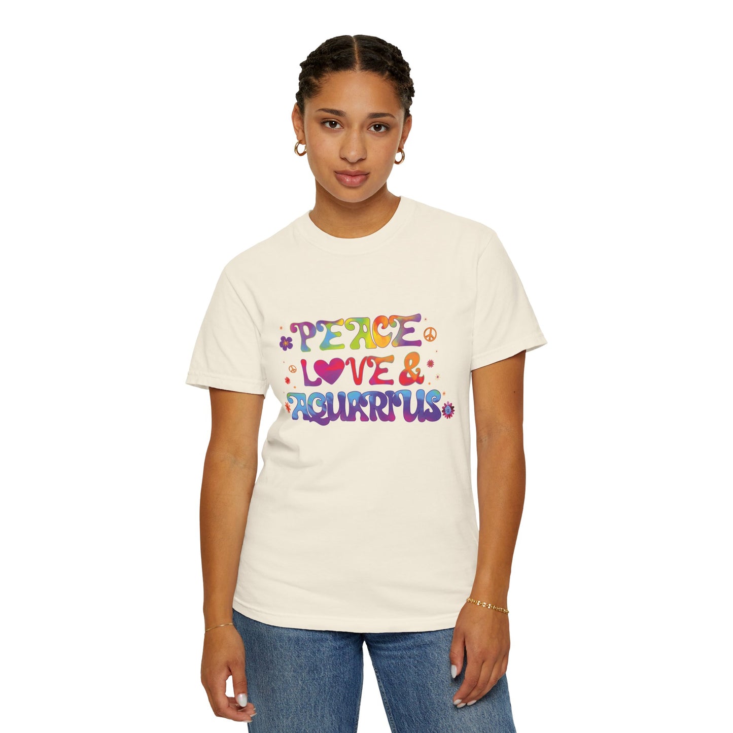 Peace Love & Aquarius Tee – Groovy Multicolor Zodiac Shirt