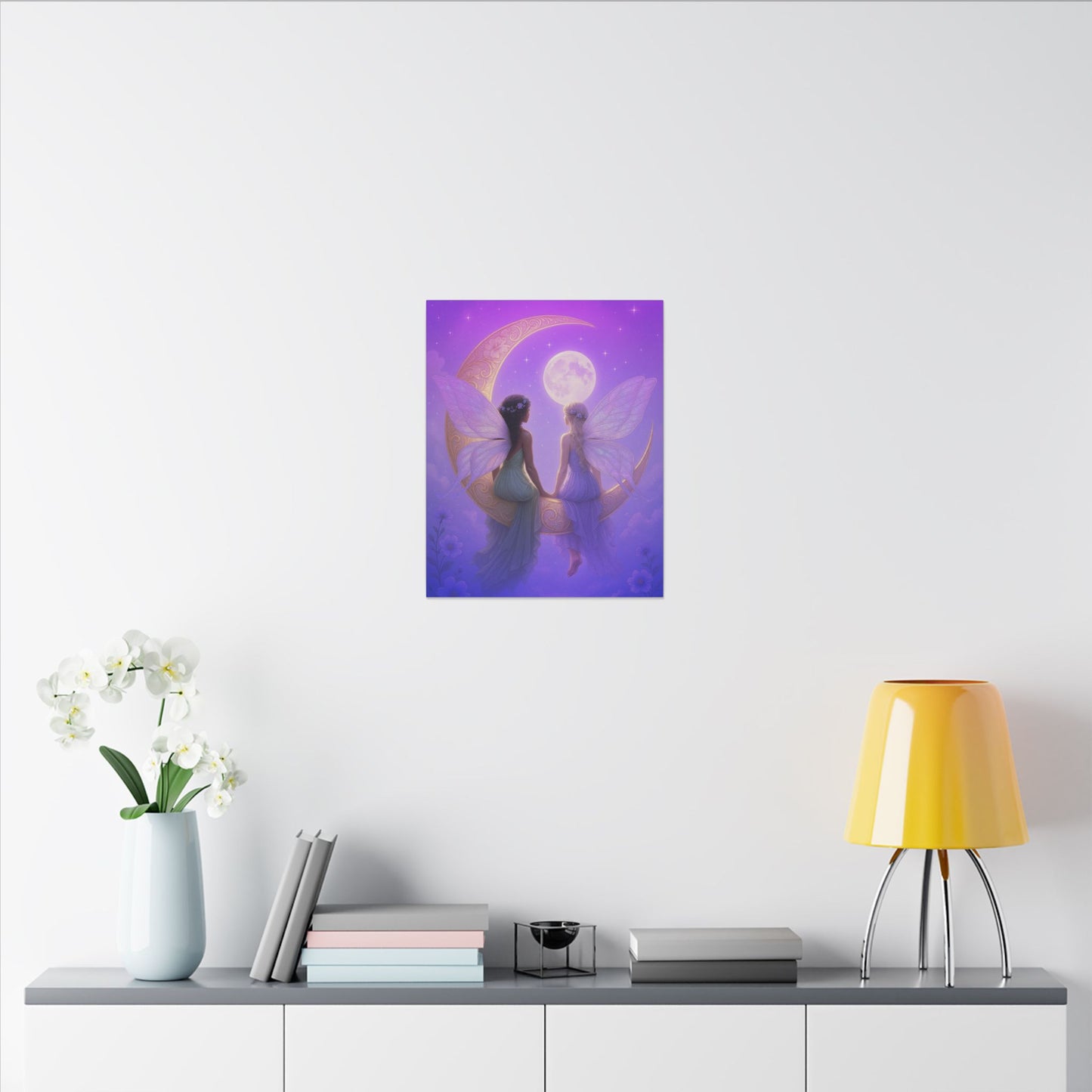 Fairy Friends on the Moon – Enchanted Purple Dream Wall Art