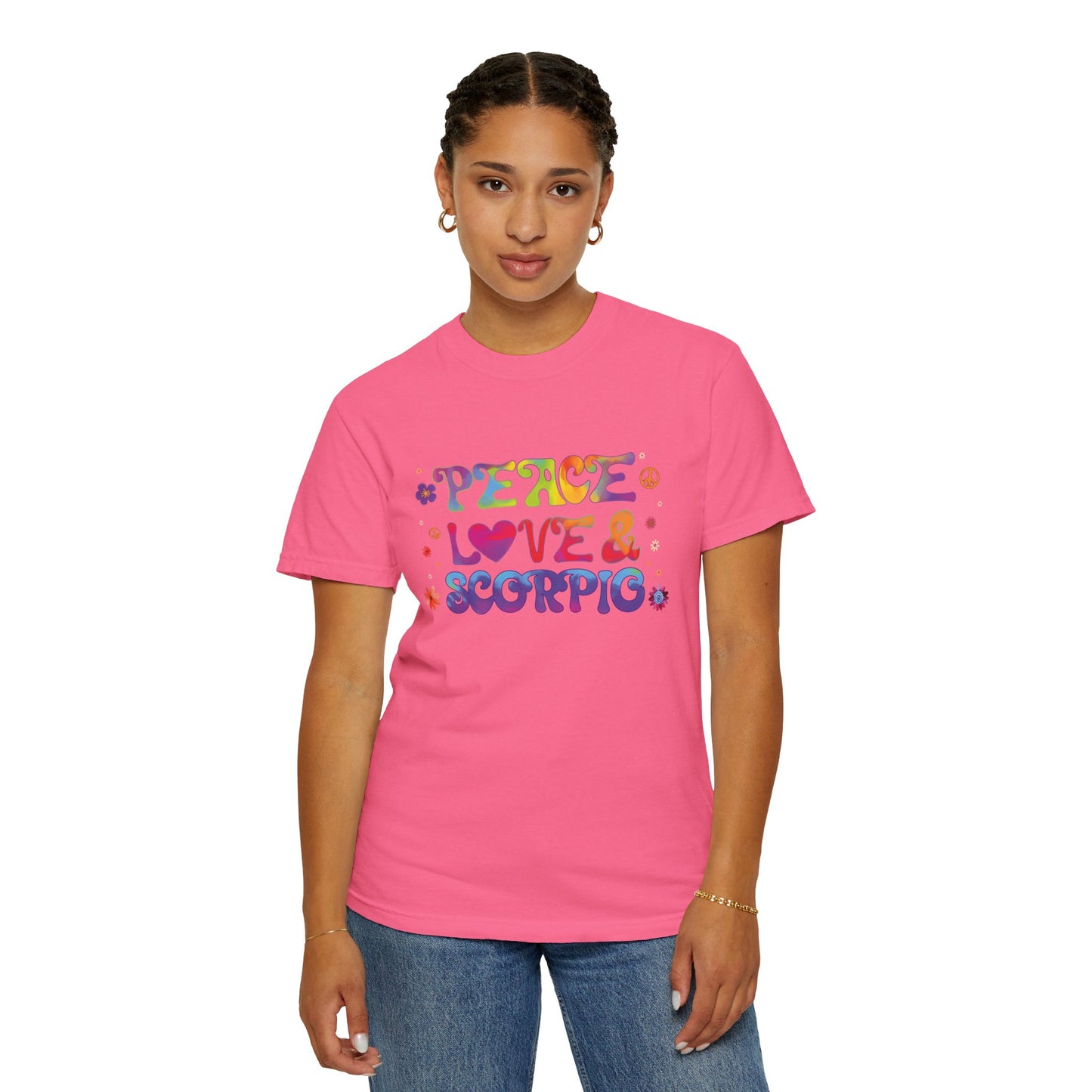 Peace Love & Scorpio Tee β Colorful Retro Zodiac Shirt