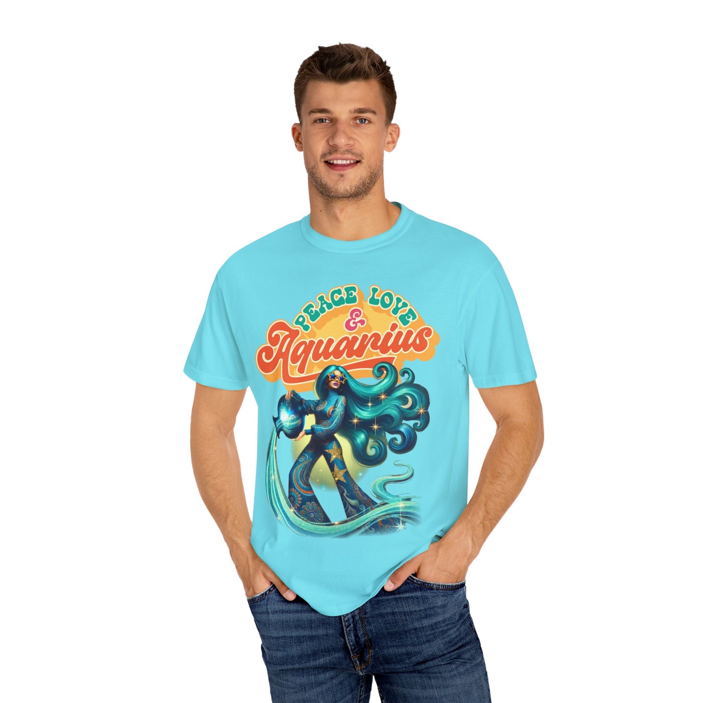 Peace Love & Aquarius – Retro Zodiac Water Bearer Tee