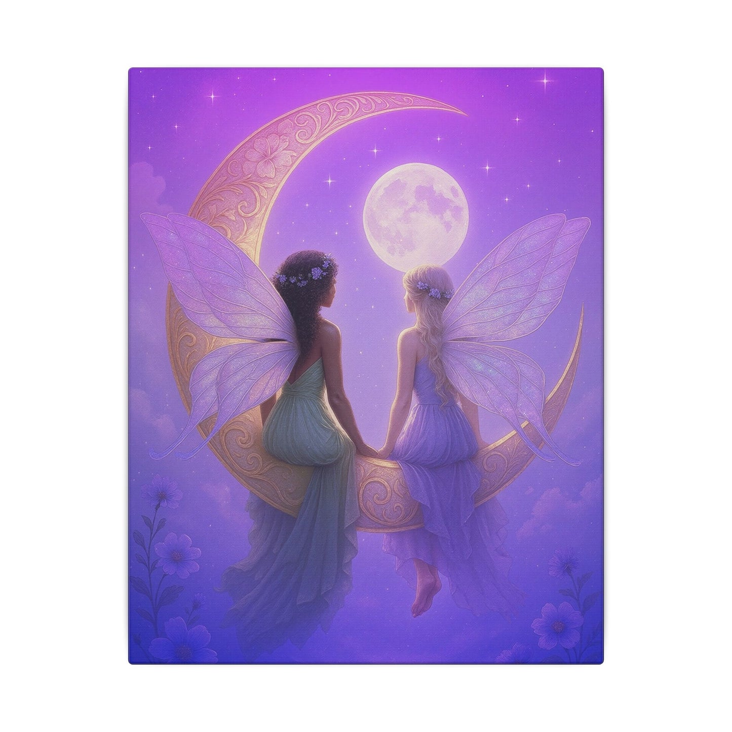 Fairy Friends on the Moon – Enchanted Purple Dream Wall Art