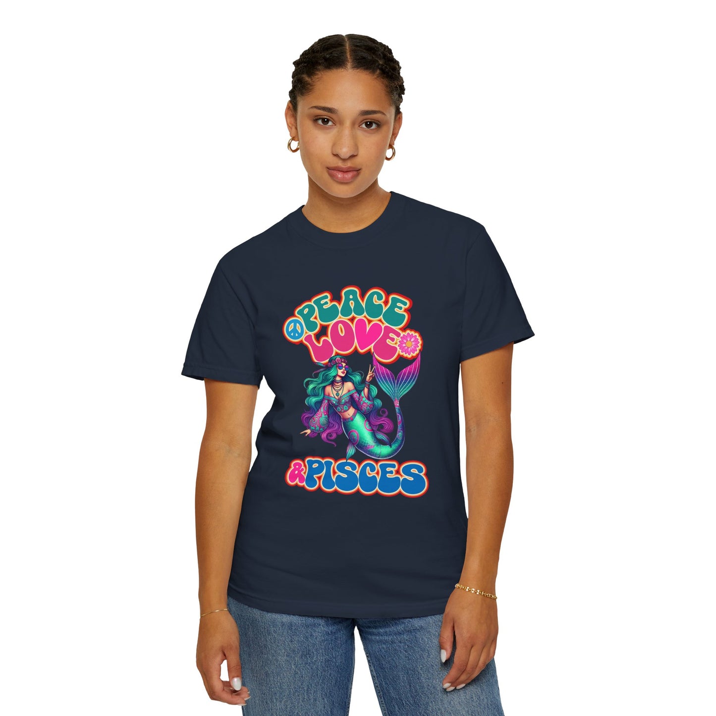 Peace Love & Pisces – Groovy Mermaid Retro Zodiac Tee