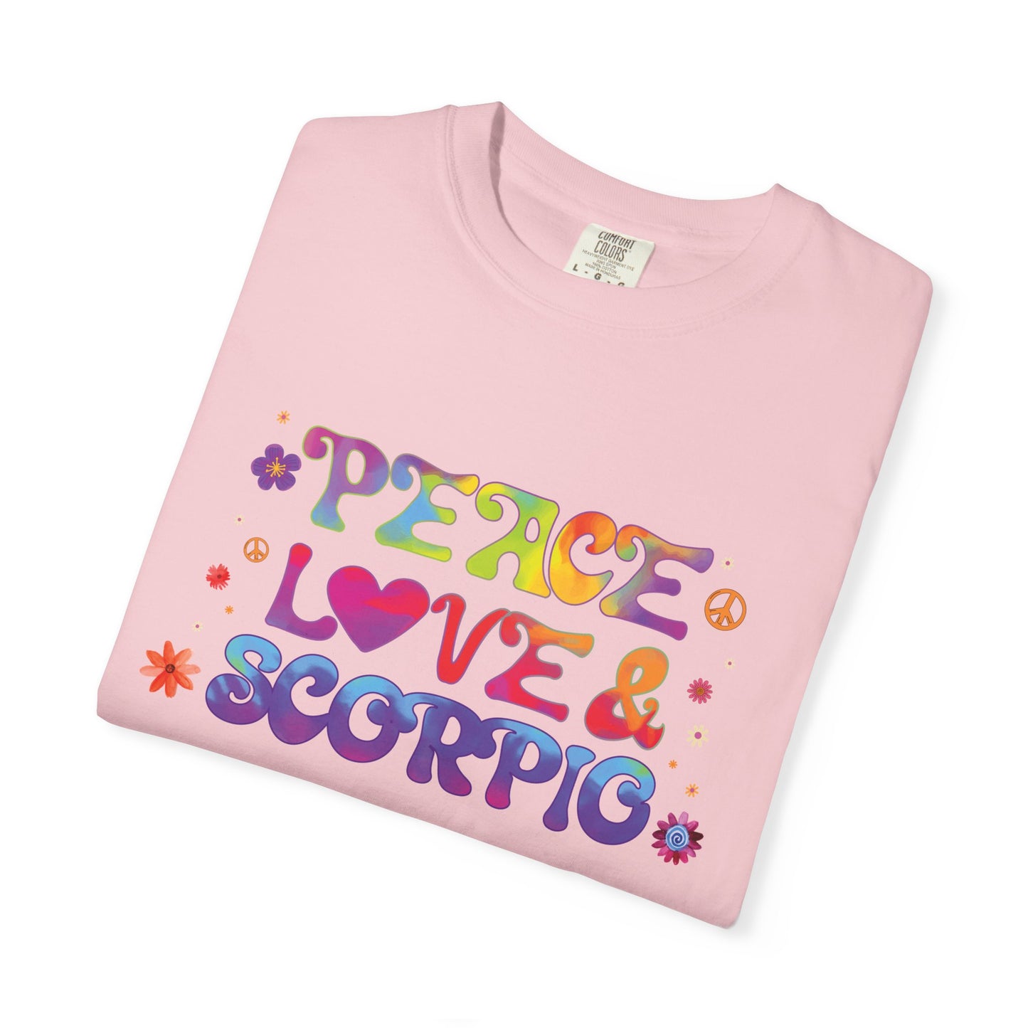 Peace Love & Scorpio Tee – Colorful Retro Zodiac Shirt