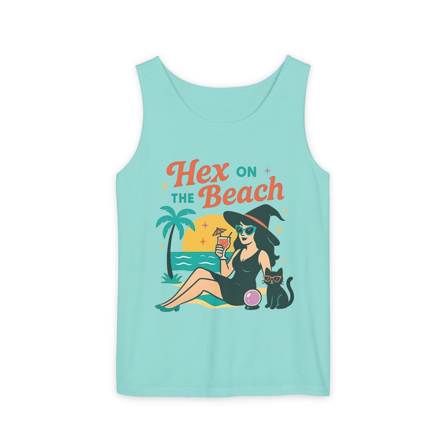 Hex on the Beach โ Sunset Witch Tank with Cat & Cocktail (Unisex)