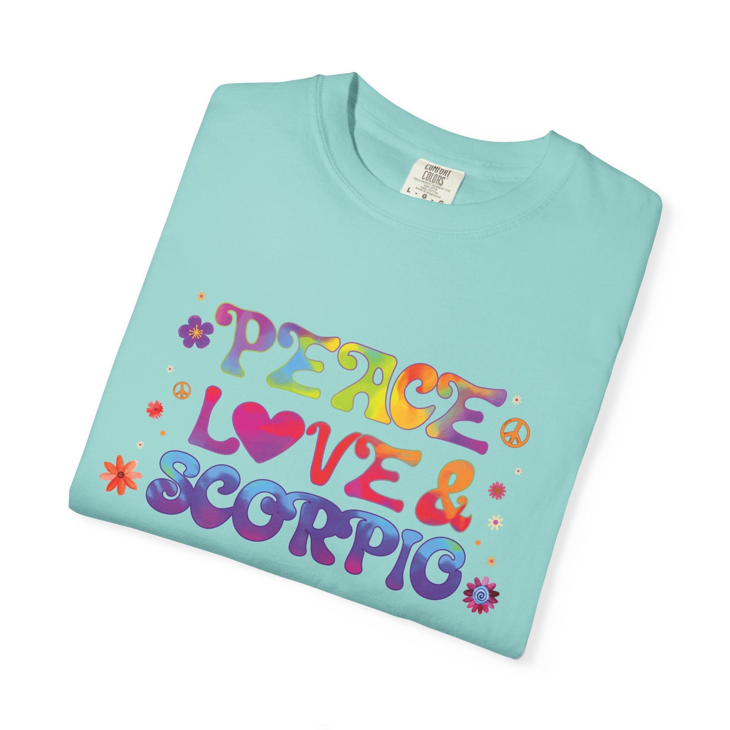 Peace Love & Scorpio Tee – Colorful Retro Zodiac Shirt