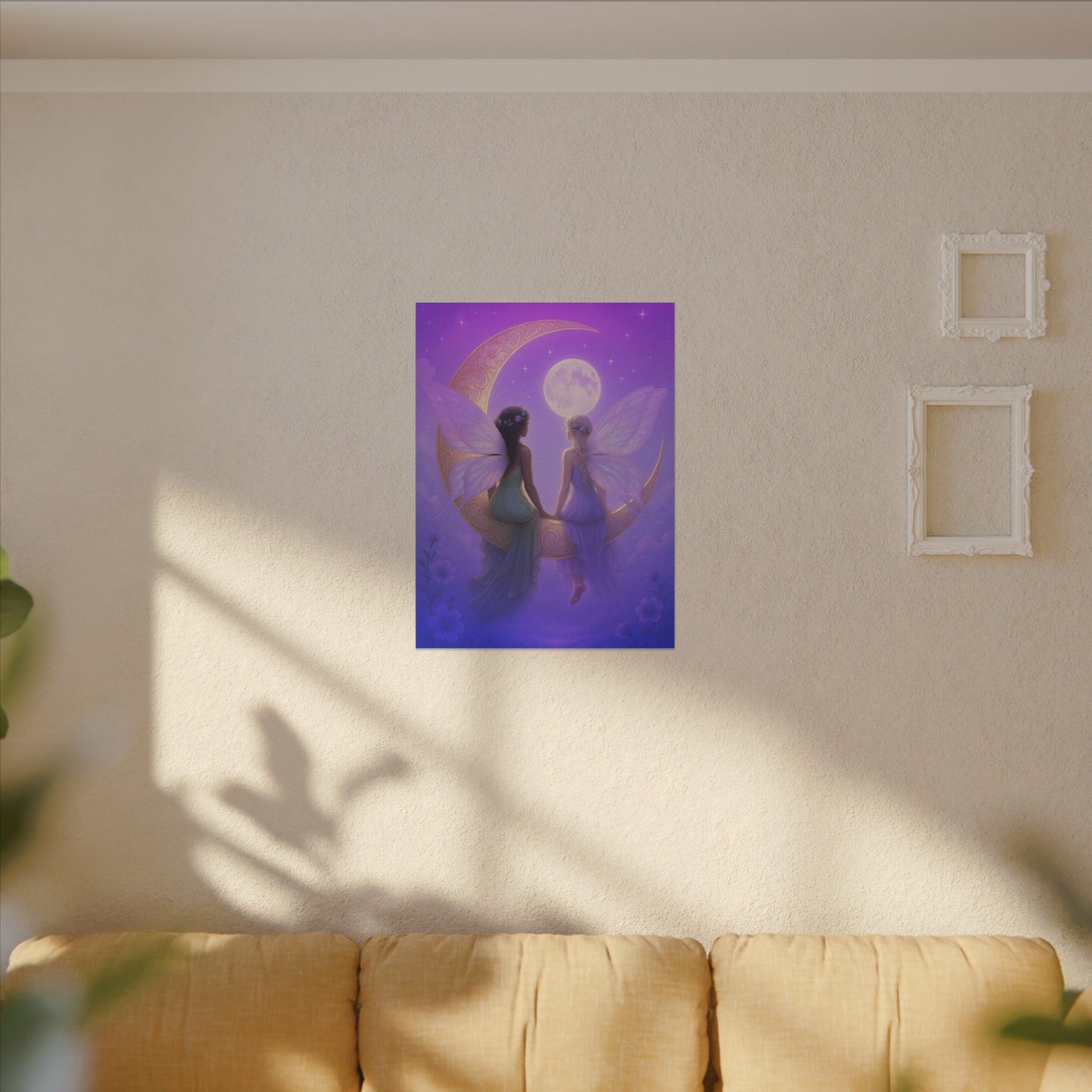 Fairy Friends on the Moon – Enchanted Purple Dream Wall Art