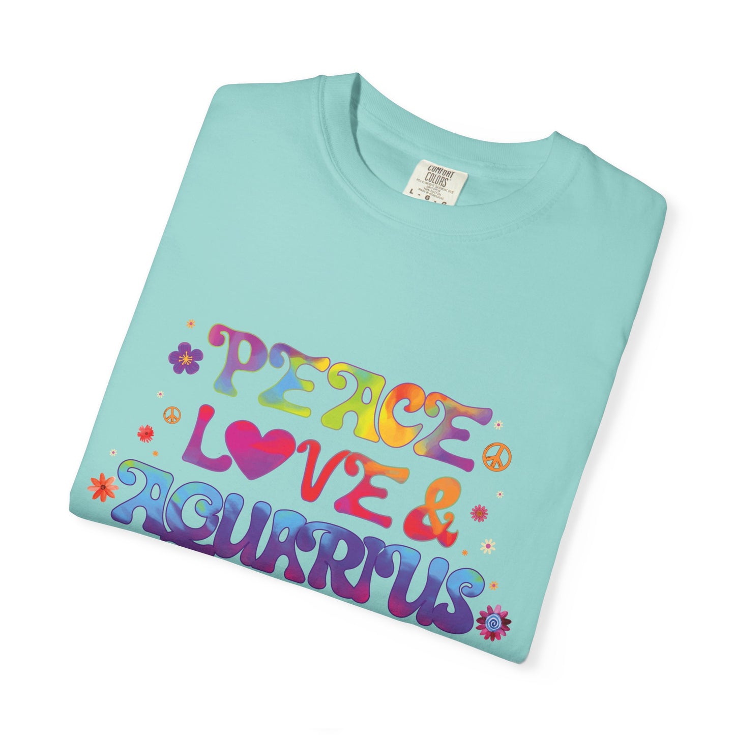 Peace Love & Aquarius Tee – Groovy Multicolor Zodiac Shirt