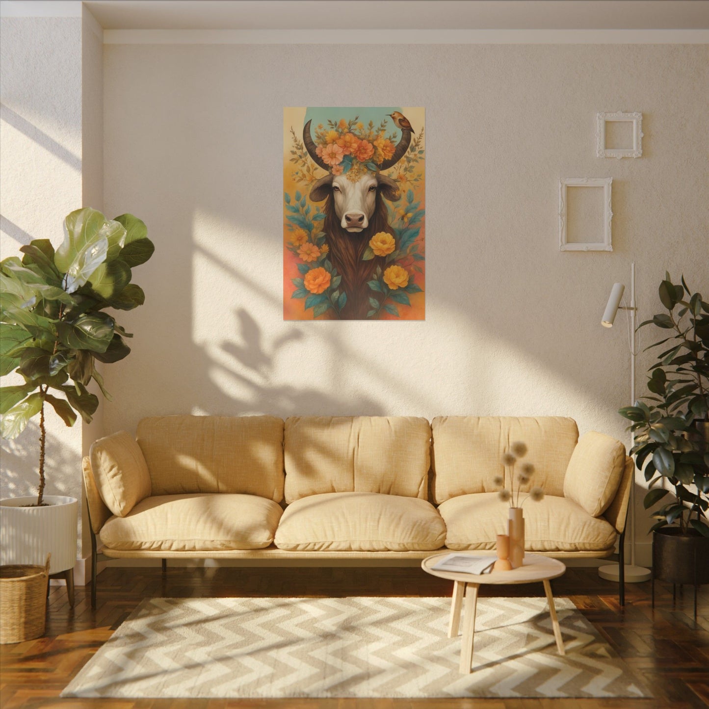 Bull with Bird – Floral Serenity Wall Art (Taurus Inspired)