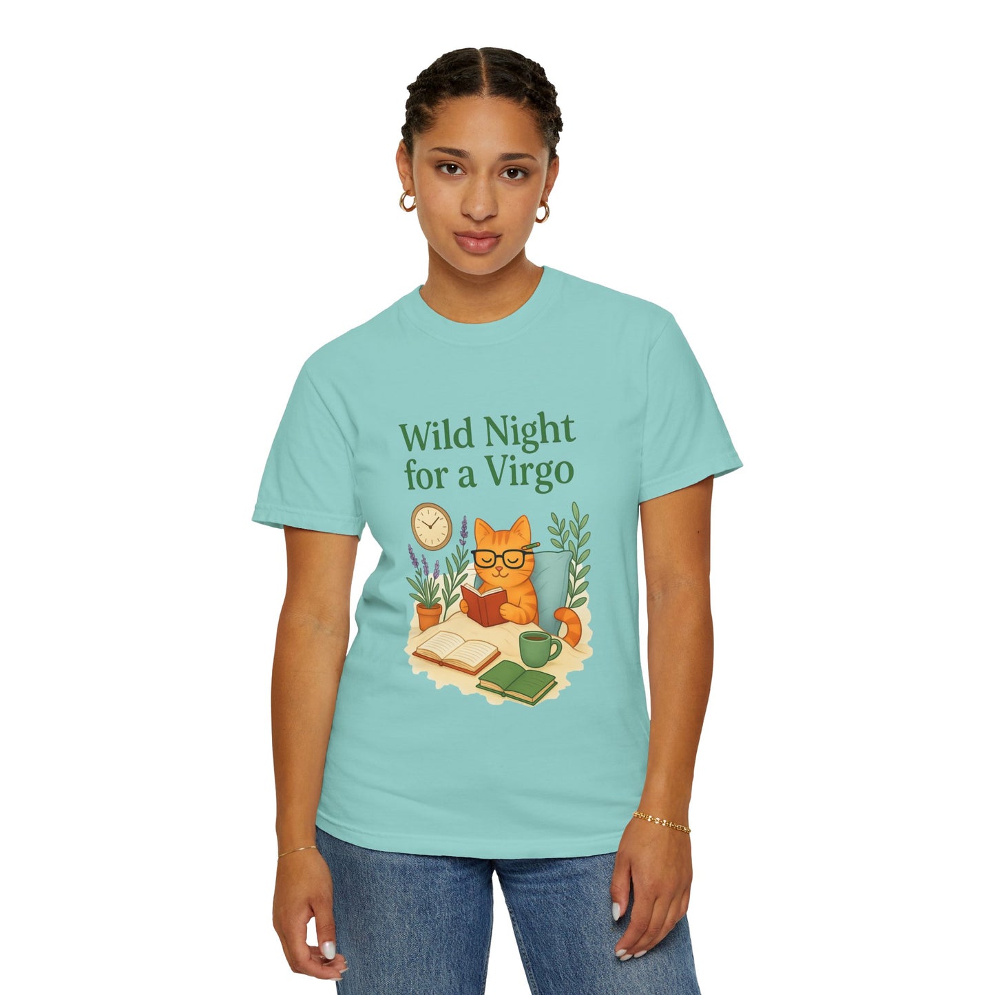 Wild Night for a Virgo – Cozy Cat Tee for Bookish Earth Signs