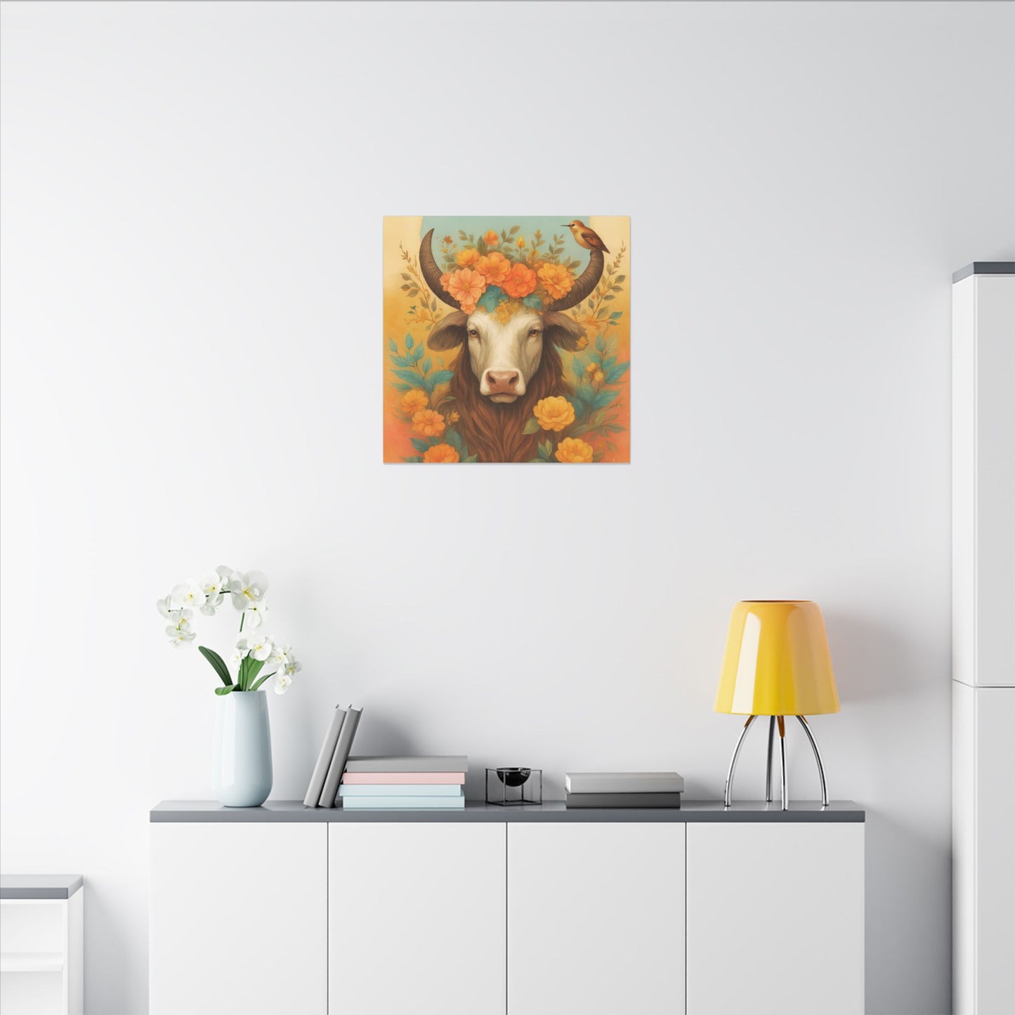 Bull with Bird – Floral Serenity Wall Art (Taurus Inspired), Square