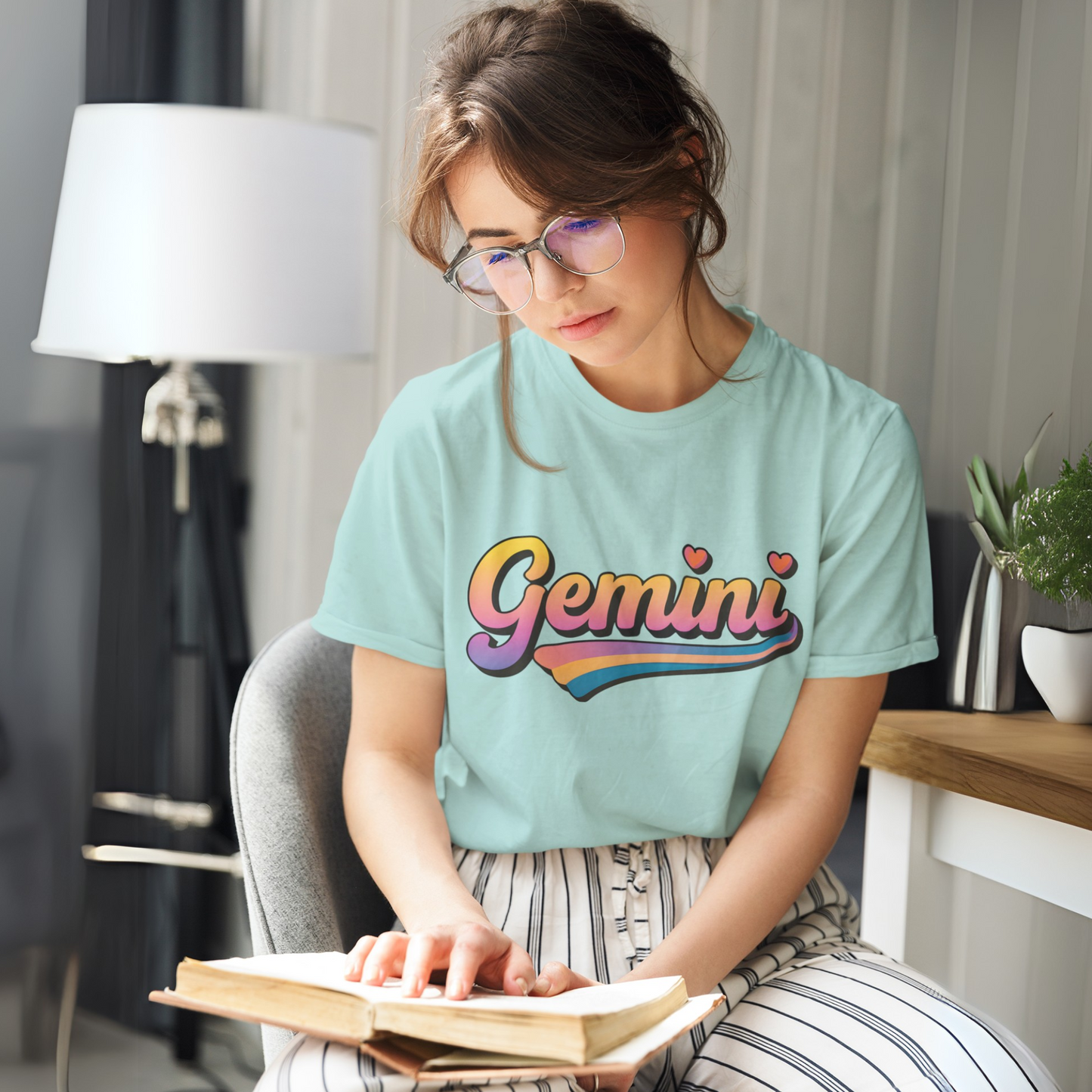 Gemini Retro Rainbow Heart Astrology Tee