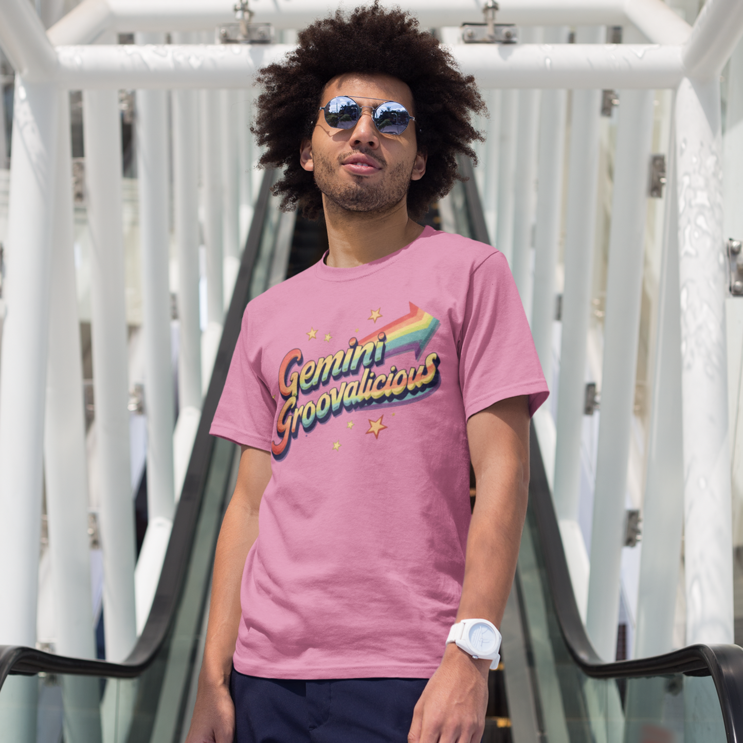 Gemini Groovalicious - Retro Rainbow Arrow Zodiac Tee