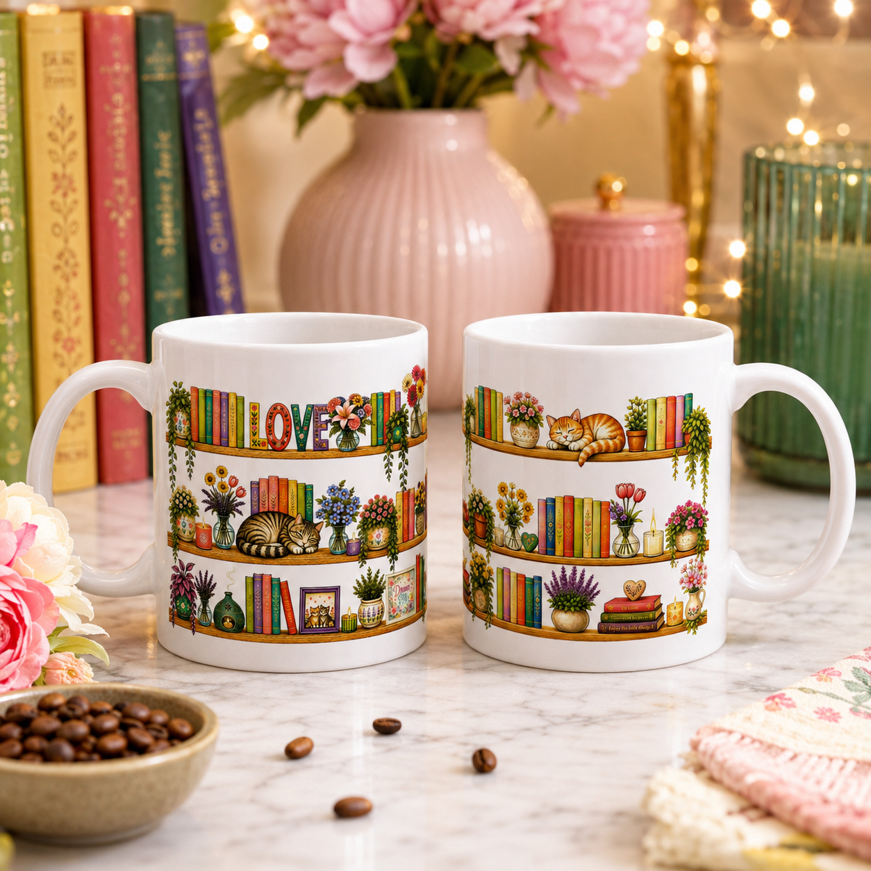 Cozy Bookshelf Mug — 'LOVE' Floral Shelves with Cat & Plants (11oz)
