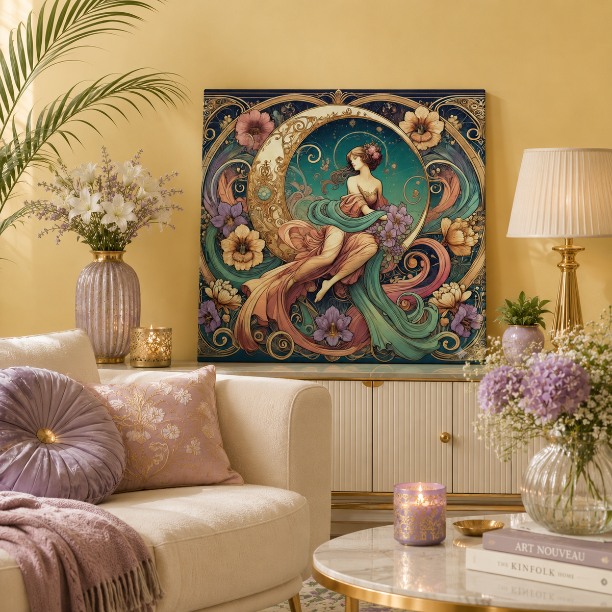 Floral Moon Muse – Art Nouveau Goddess Canvas Wall Art