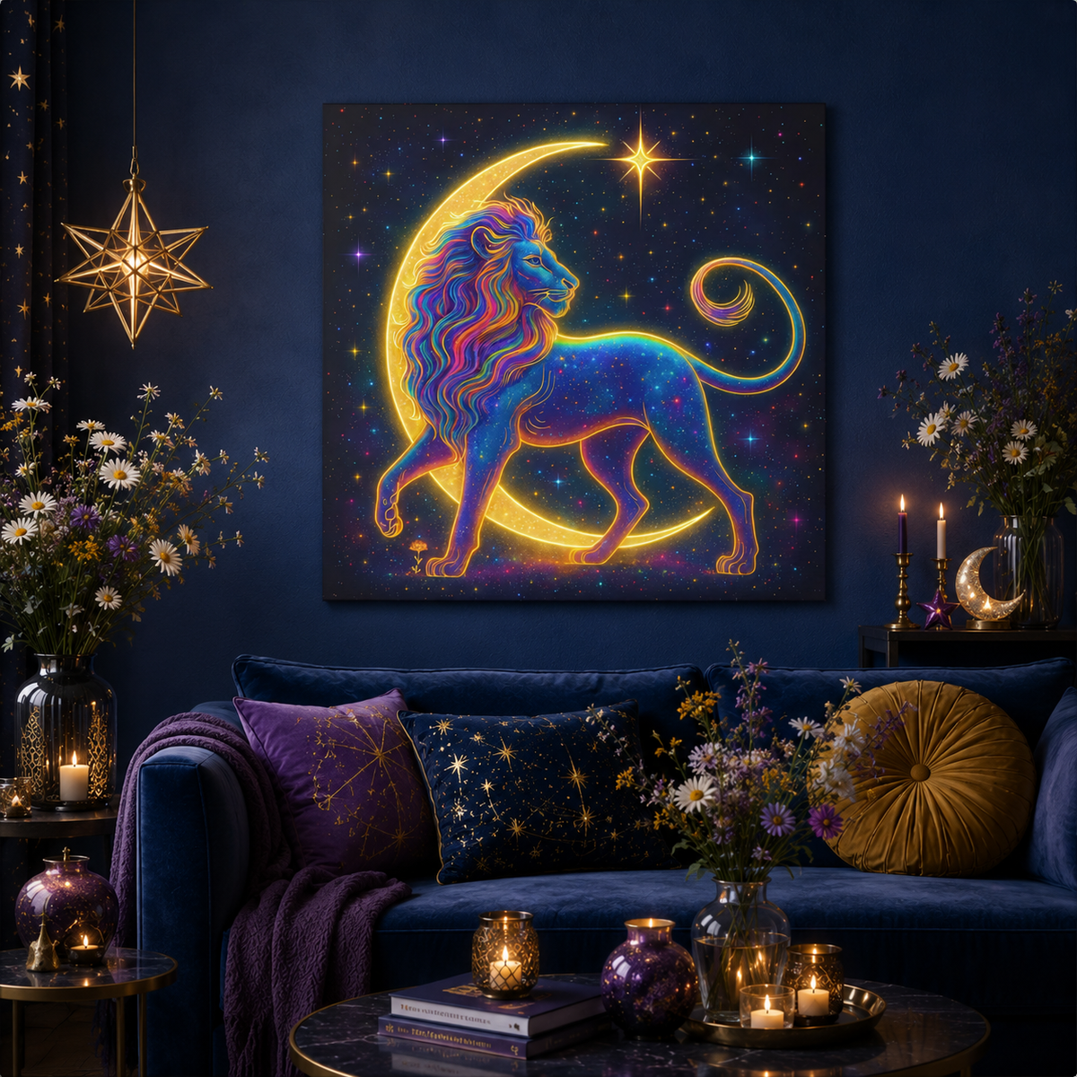 Radiant Rainbow Lion – Celestial Canvas Wall Art (Leo Inspired)