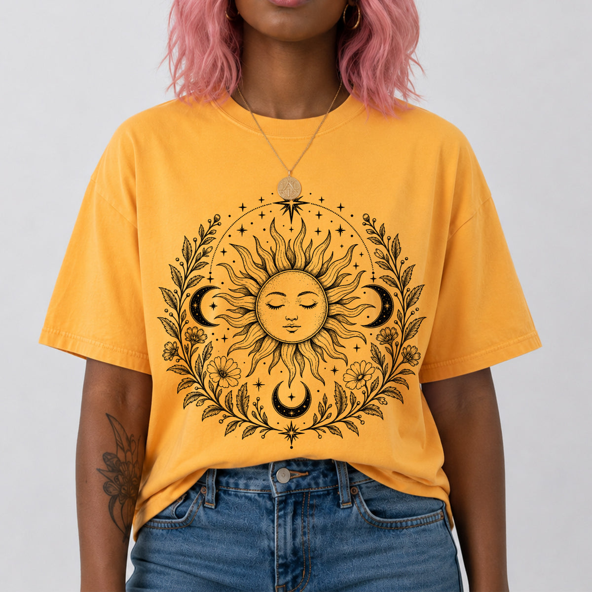 Boho Spiritual Sun and Floral Hippie Unisex T-Shirt