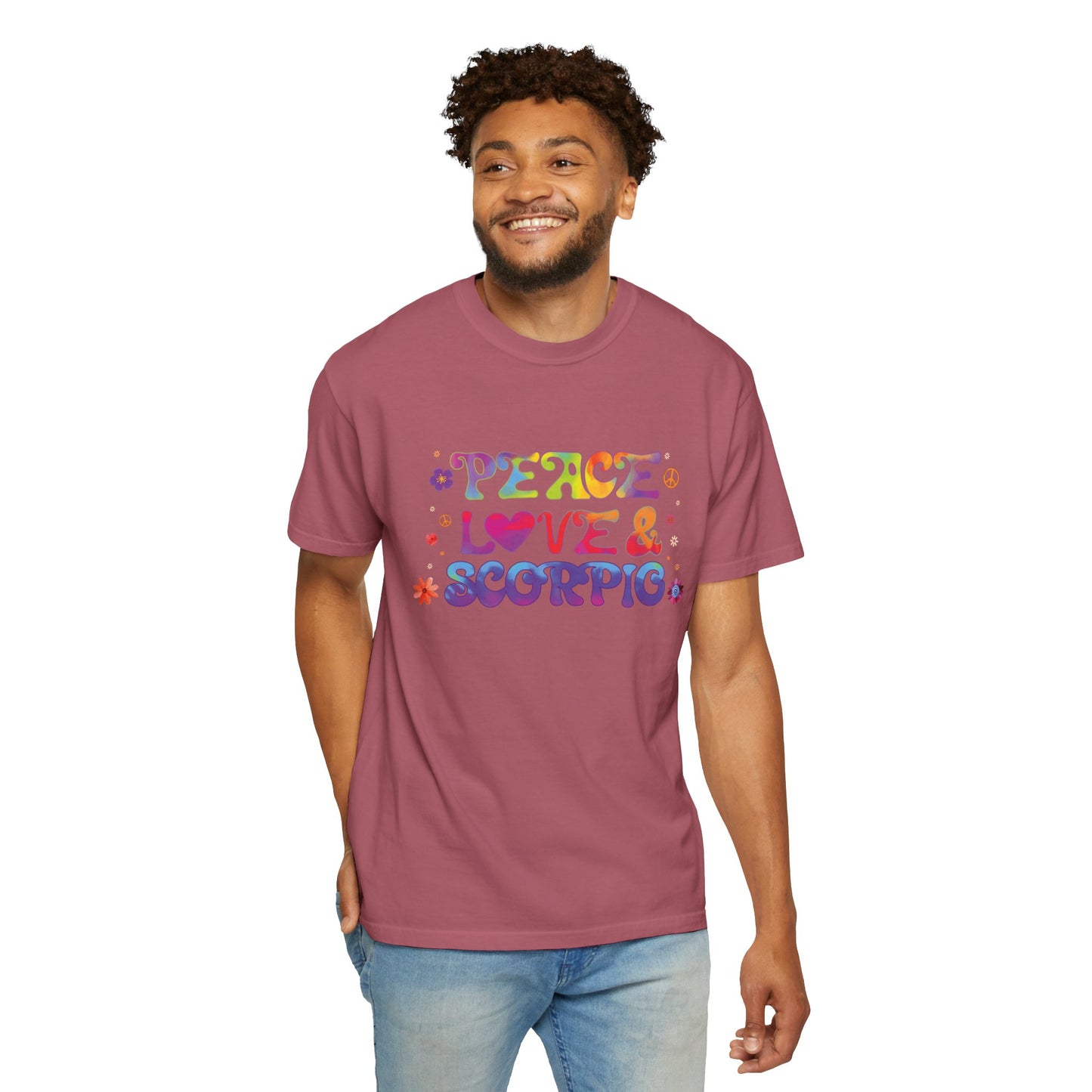 Peace Love & Scorpio Tee β Colorful Retro Zodiac Shirt