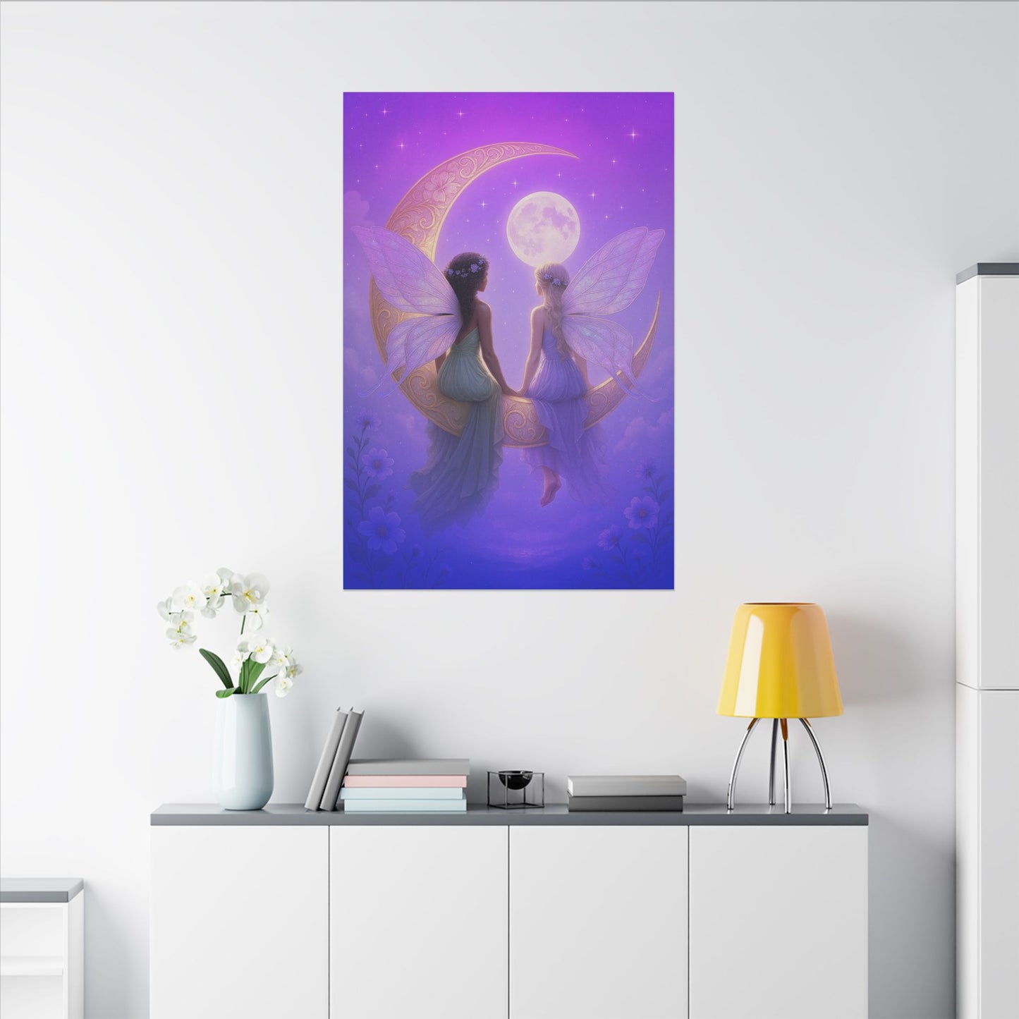 Fairy Friends on the Moon – Enchanted Purple Dream Wall Art