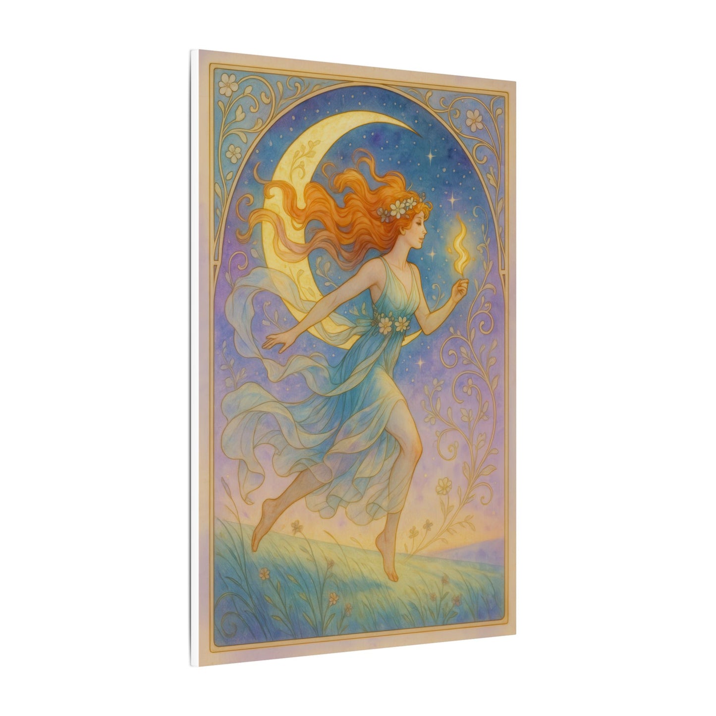 Flame Keeper Running Free – Moonlit Goddess Art Nouveau Canvas Wall Art