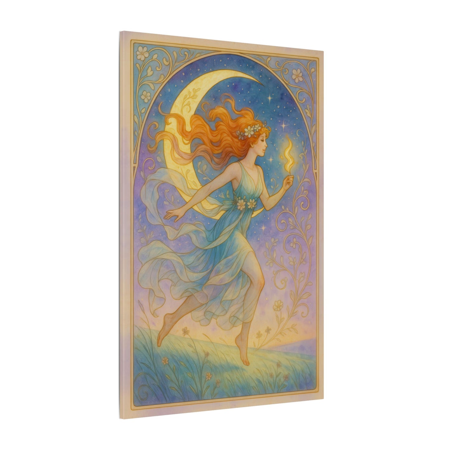 Flame Keeper Running Free – Moonlit Goddess Art Nouveau Canvas Wall Art