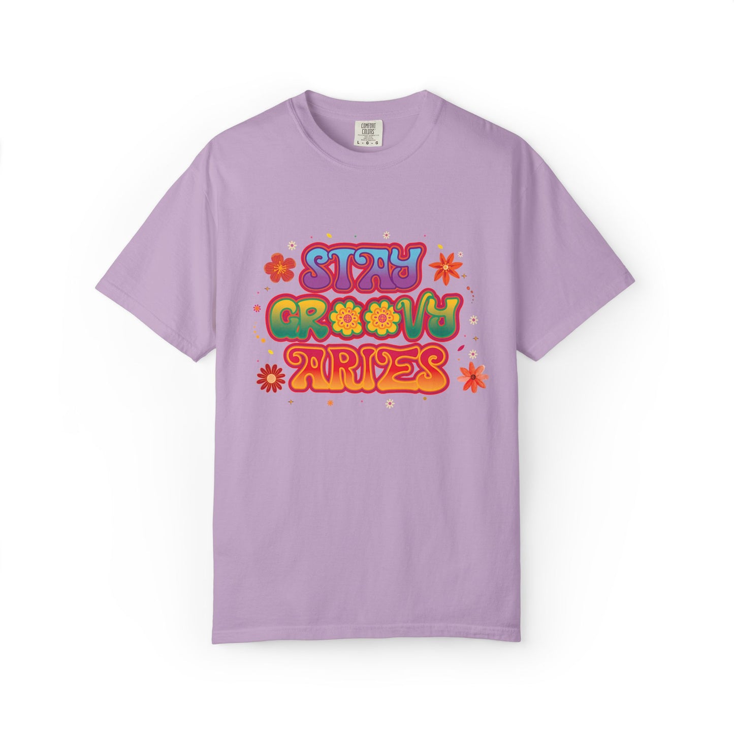 Stay Groovy Aries Tee – Colorful Retro Zodiac Shirt, 70s Flower Power Style