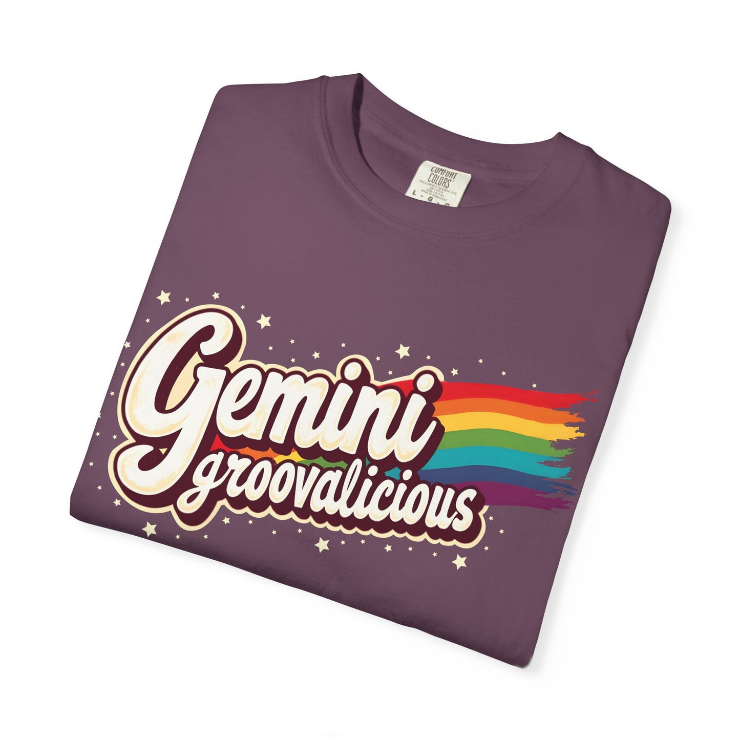 Gemini Groovalicious - Retro Rainbow Script Zodiac Tee
