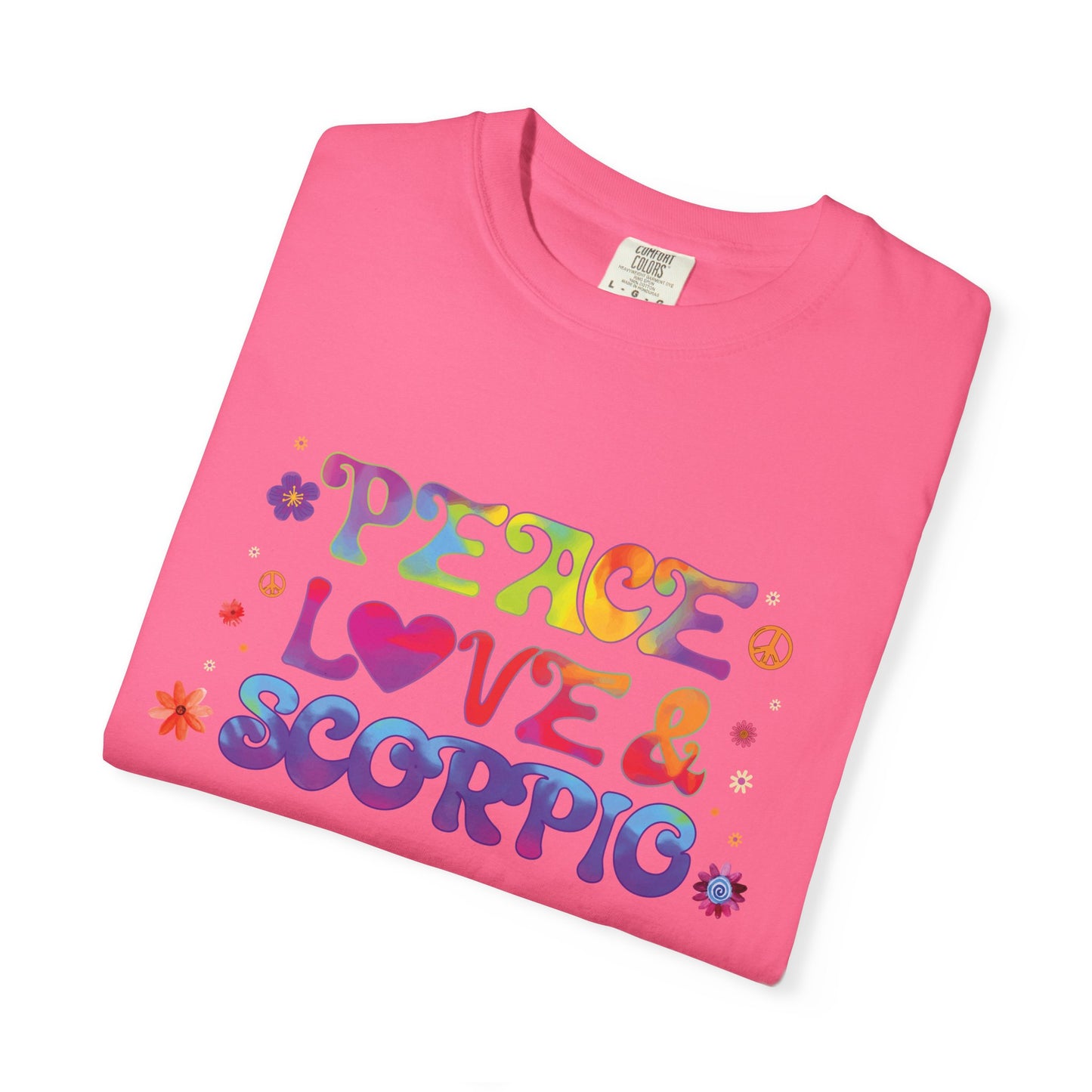 Peace Love & Scorpio Tee β Colorful Retro Zodiac Shirt