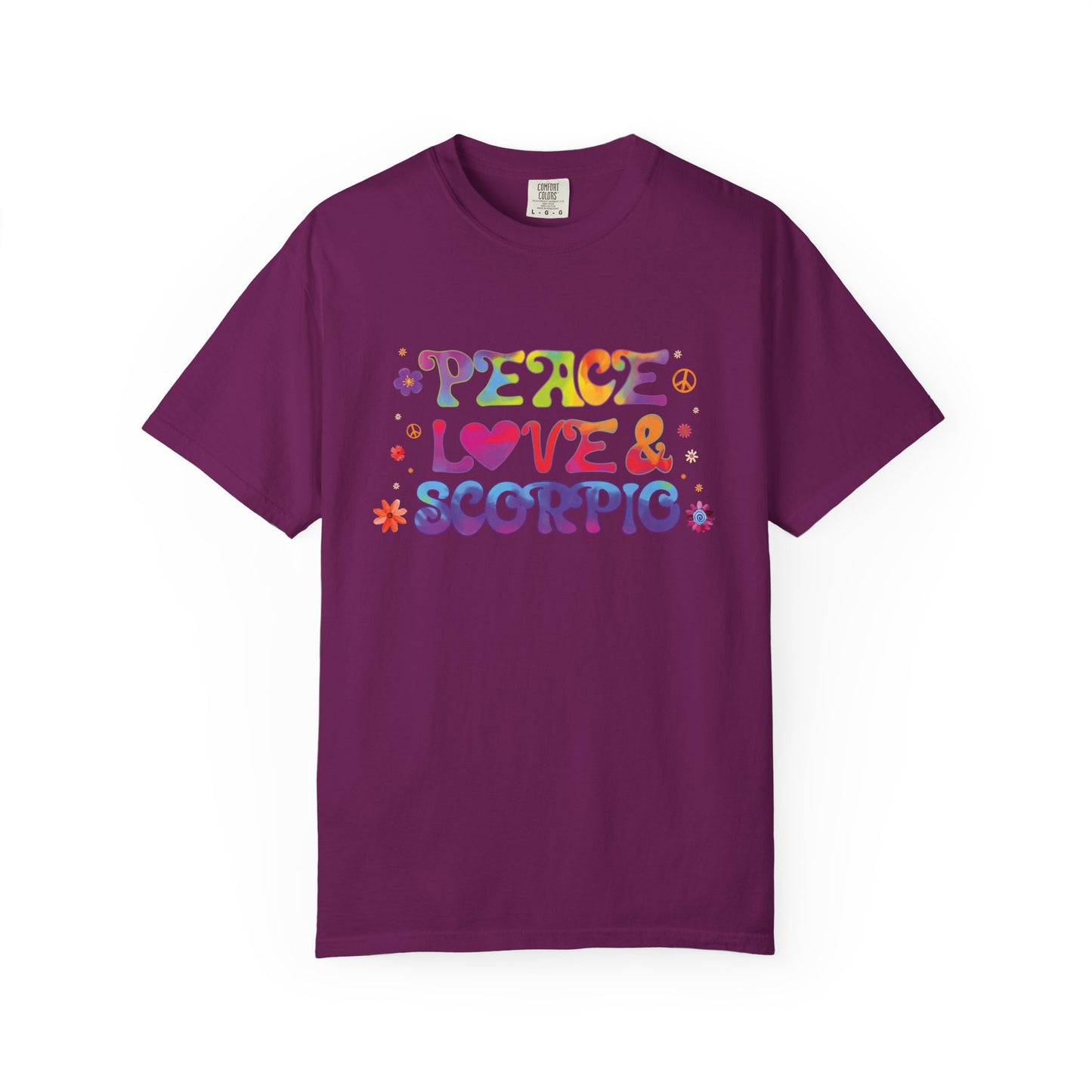 Peace Love & Scorpio Tee β Colorful Retro Zodiac Shirt
