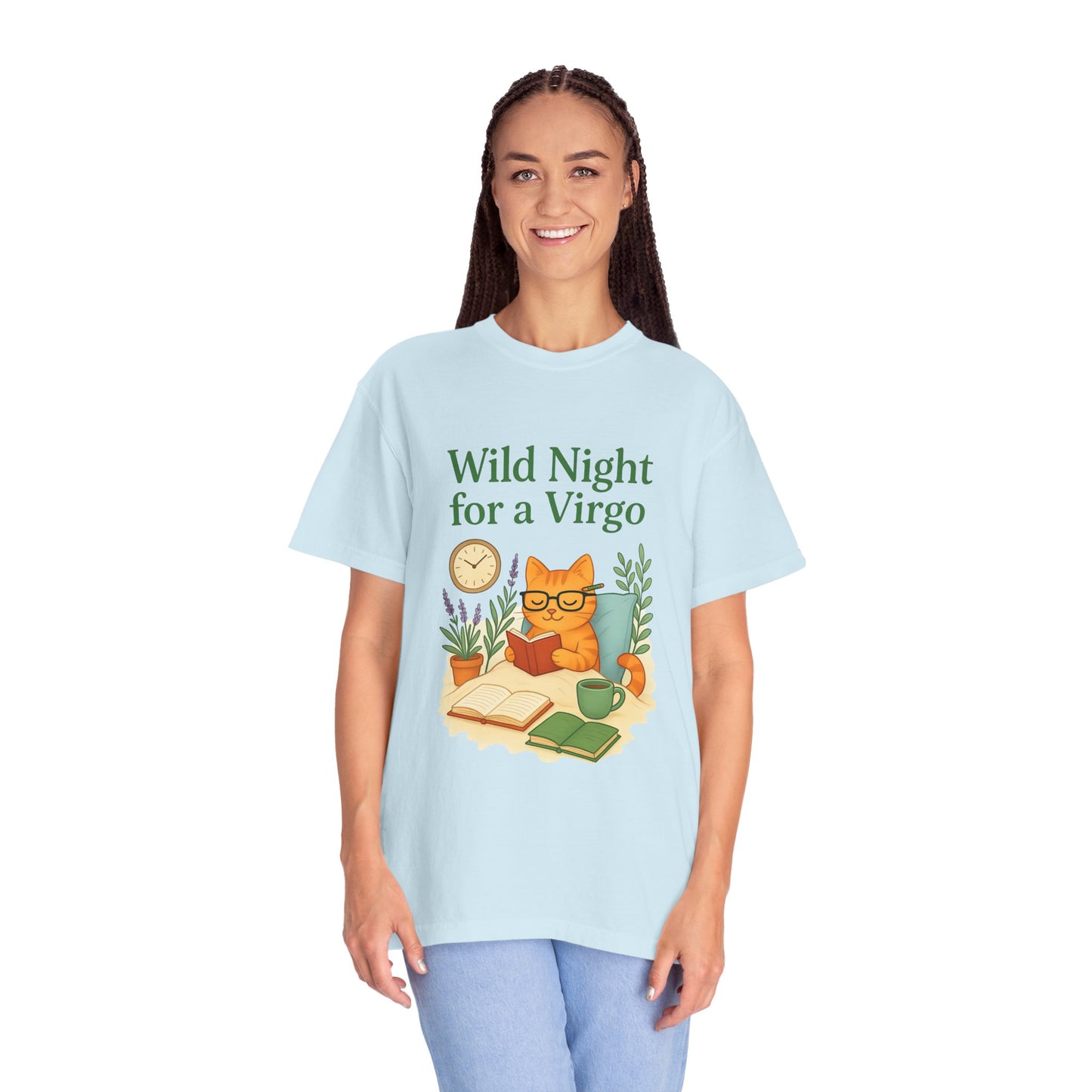 Wild Night for a Virgo – Cozy Cat Tee for Bookish Earth Signs