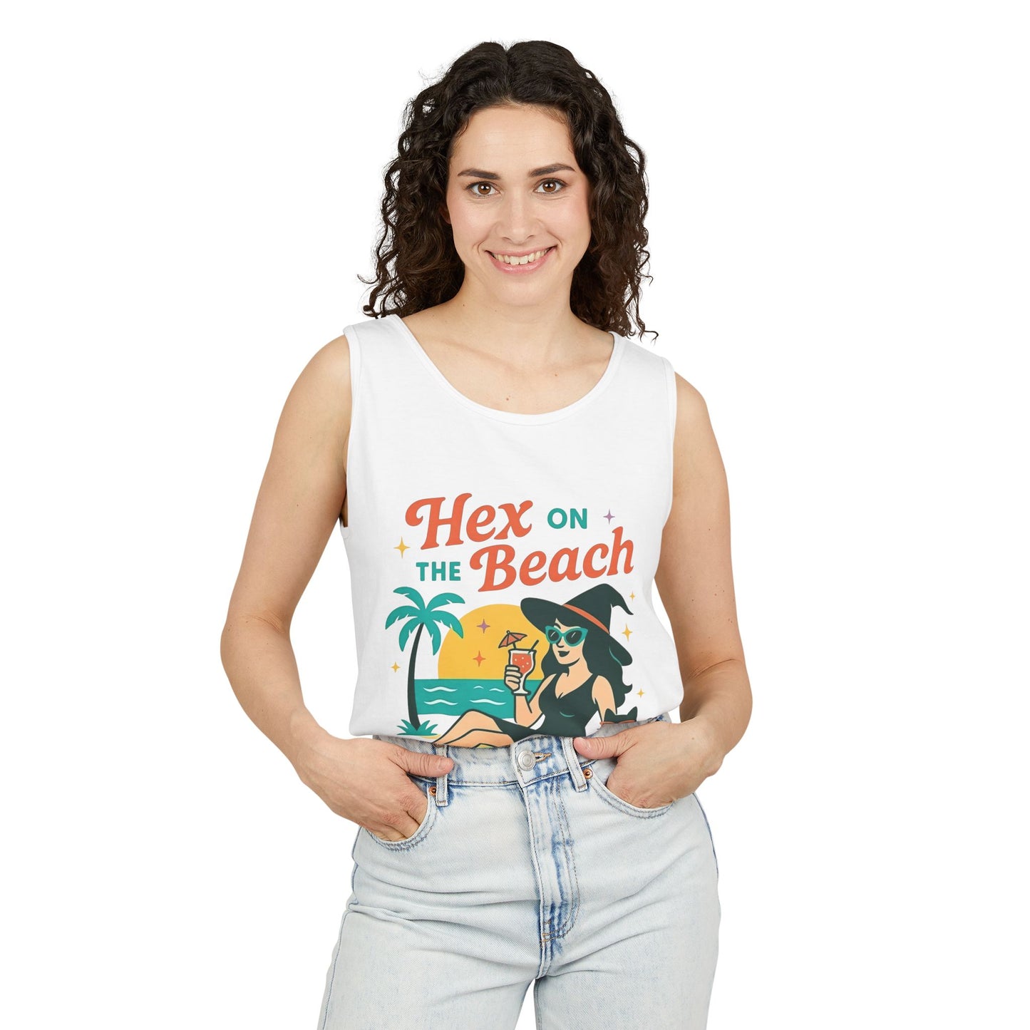 Hex on the Beach โ Sunset Witch Tank with Cat & Cocktail (Unisex)