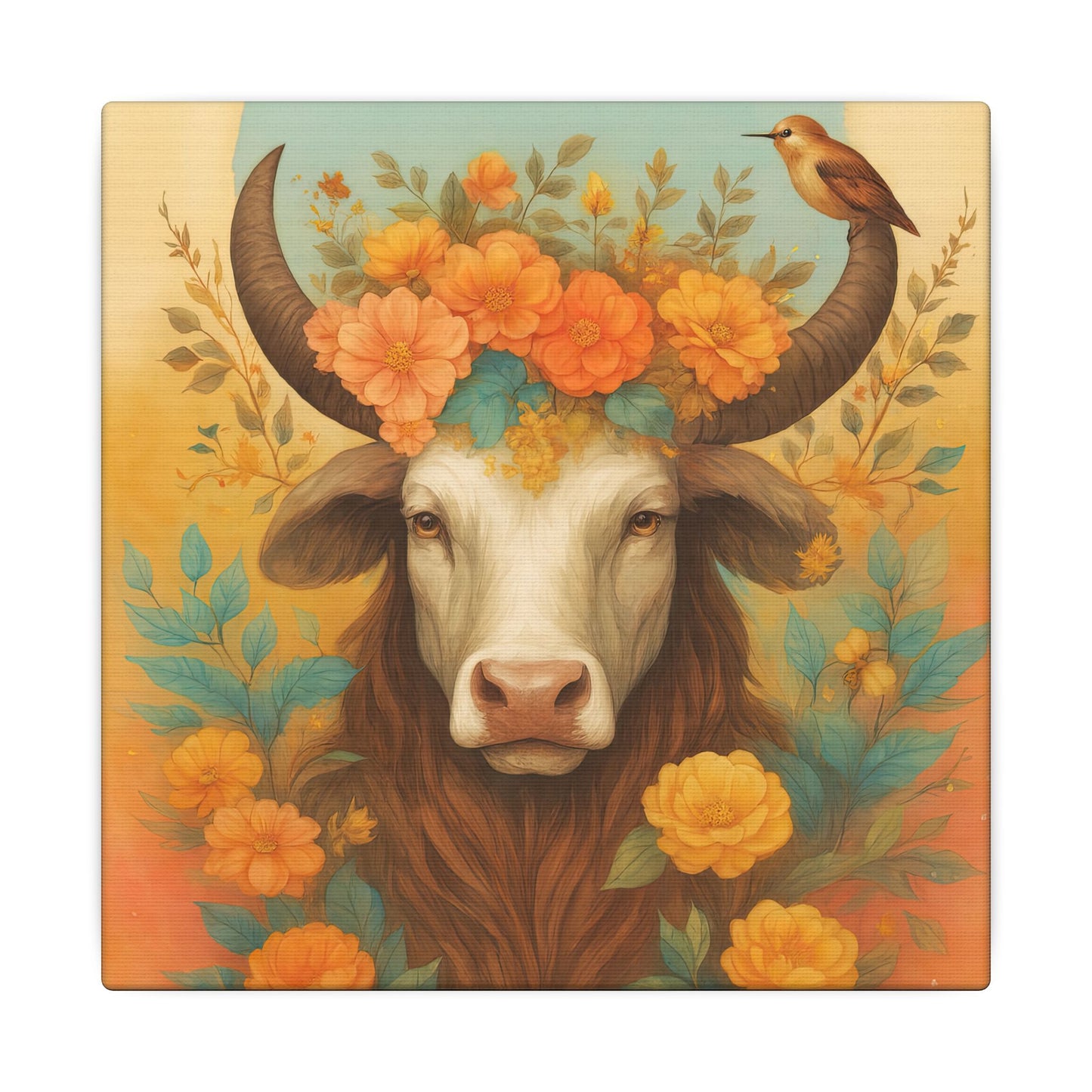 Bull with Bird – Floral Serenity Wall Art (Taurus Inspired), Square