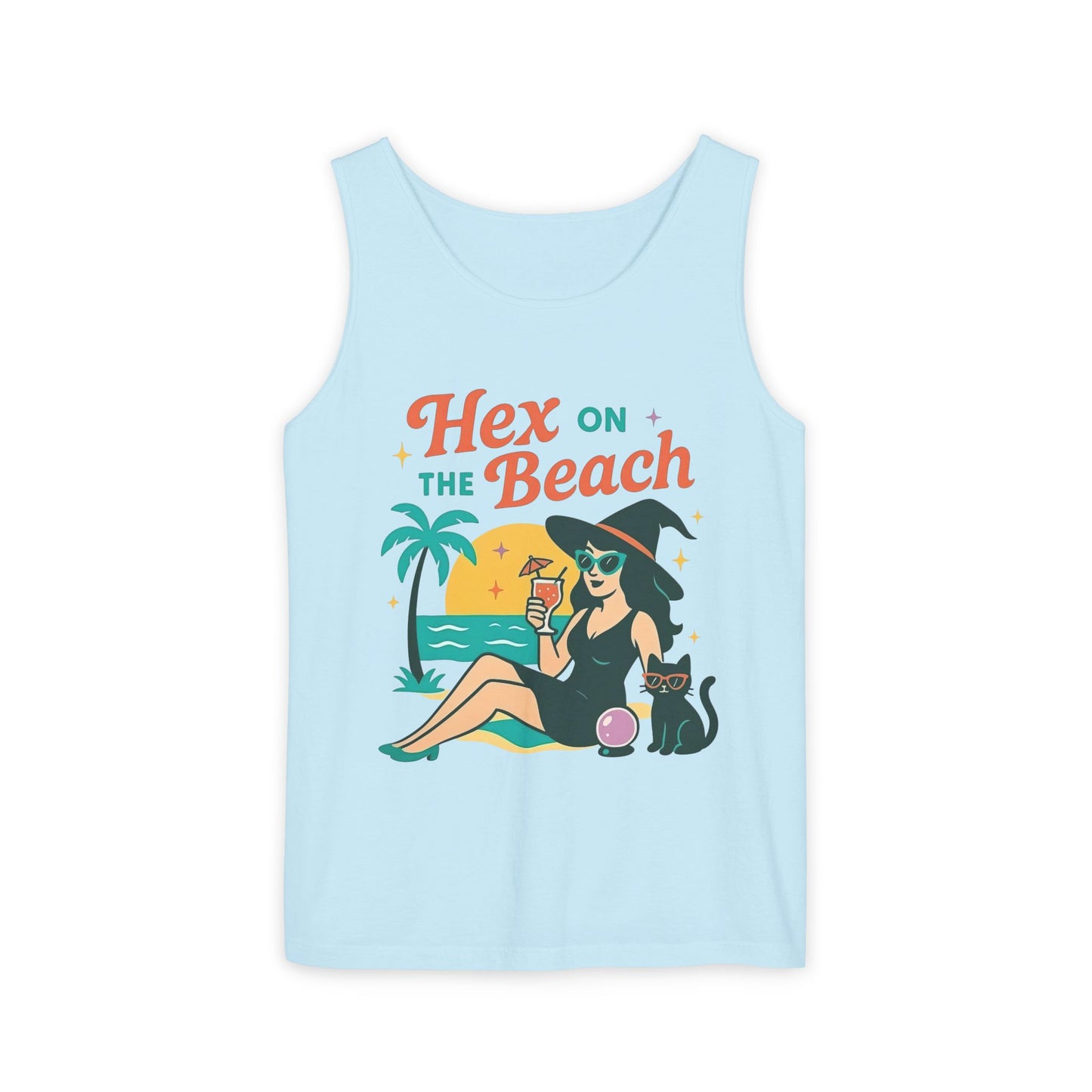 Hex on the Beach โ Sunset Witch Tank with Cat & Cocktail (Unisex)