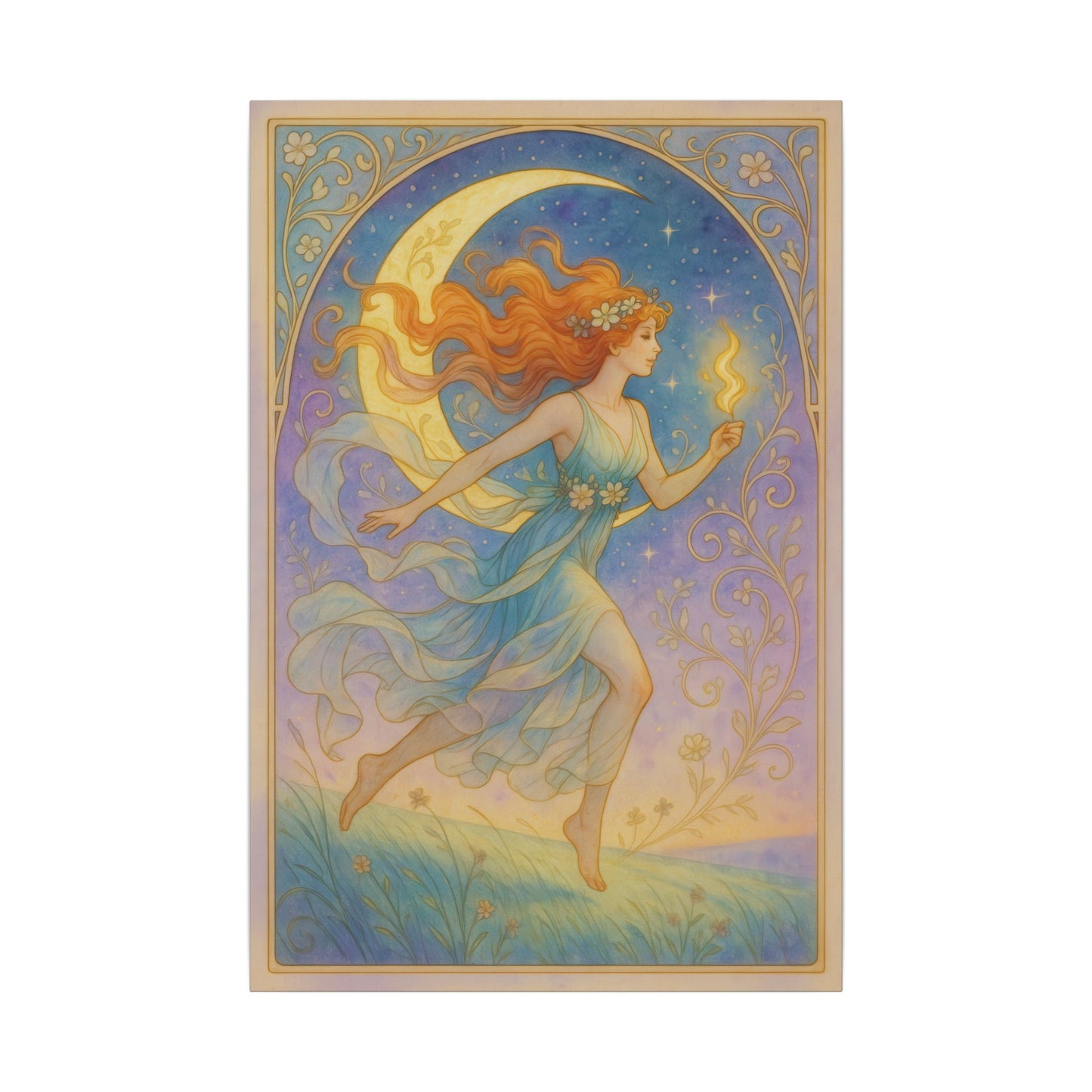 Flame Keeper Running Free – Moonlit Goddess Art Nouveau Canvas Wall Art