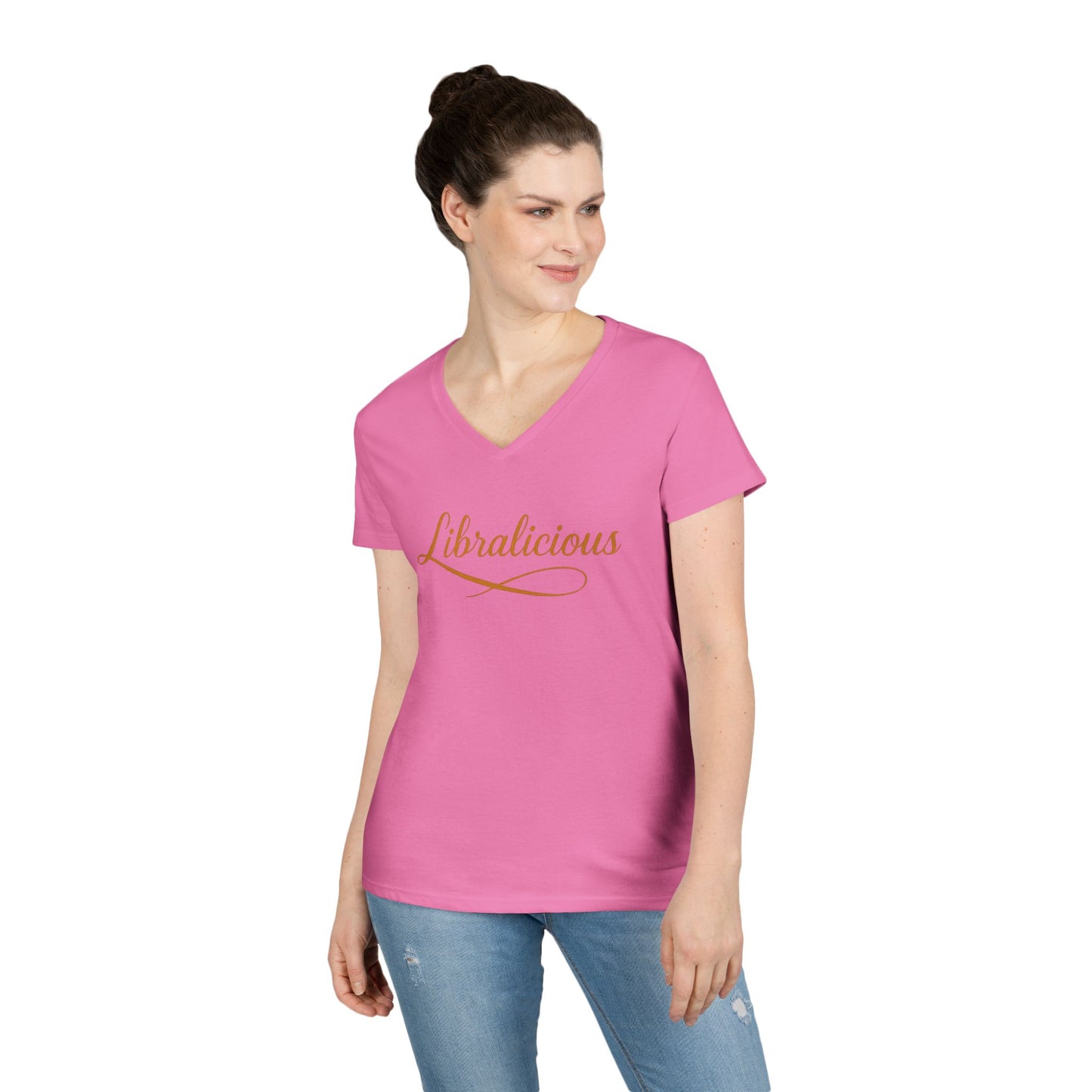 Libralicious Women’s V-Neck Tee – Empowering Retro Zodiac Script Shirt