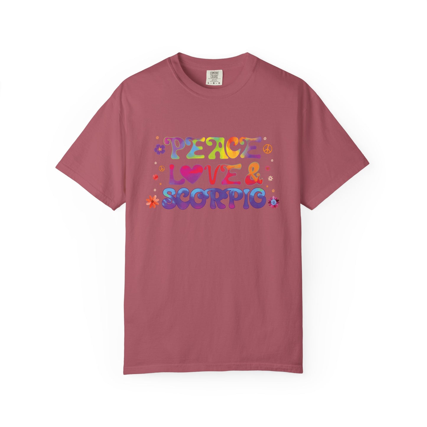 Peace Love & Scorpio Tee β Colorful Retro Zodiac Shirt