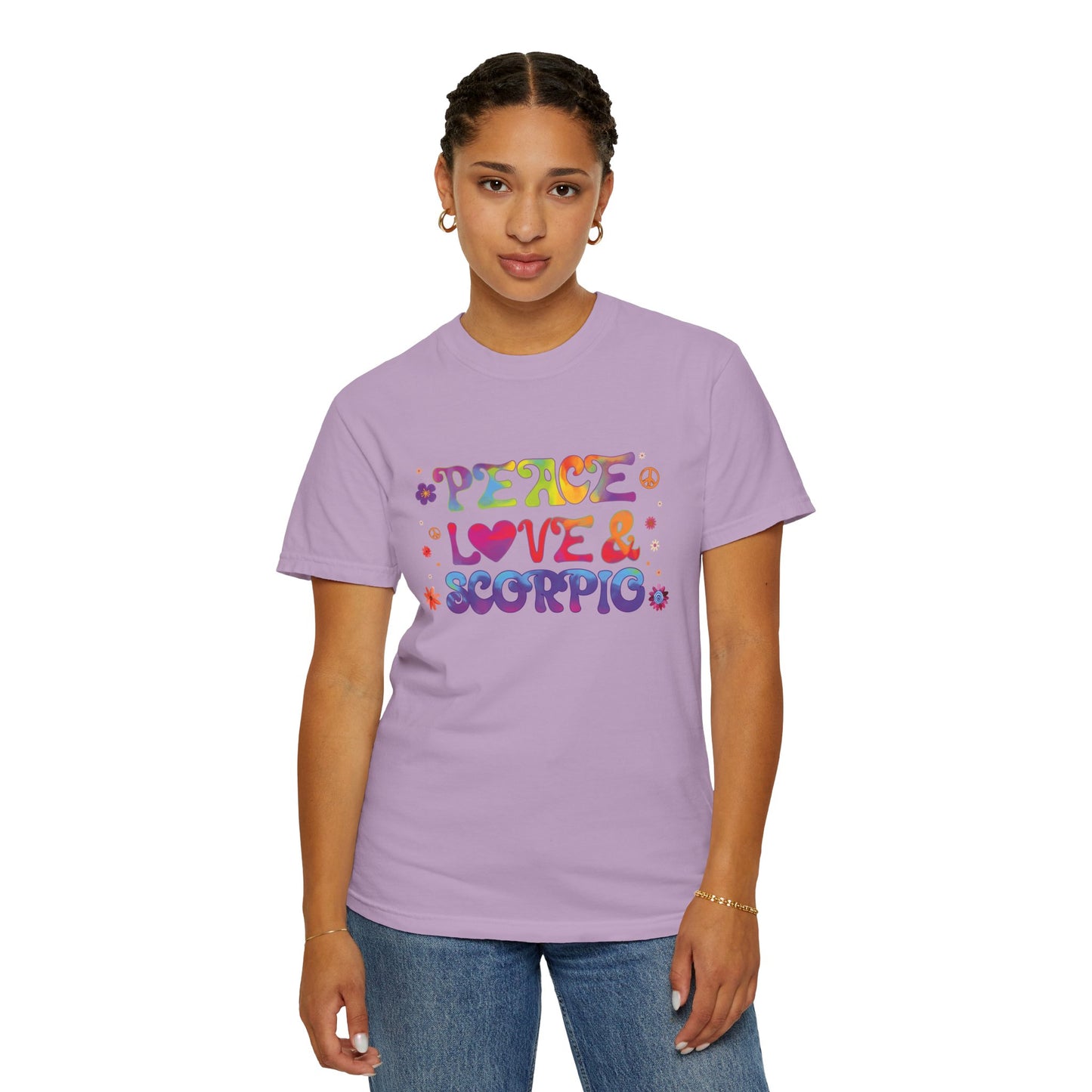 Peace Love & Scorpio Tee β Colorful Retro Zodiac Shirt