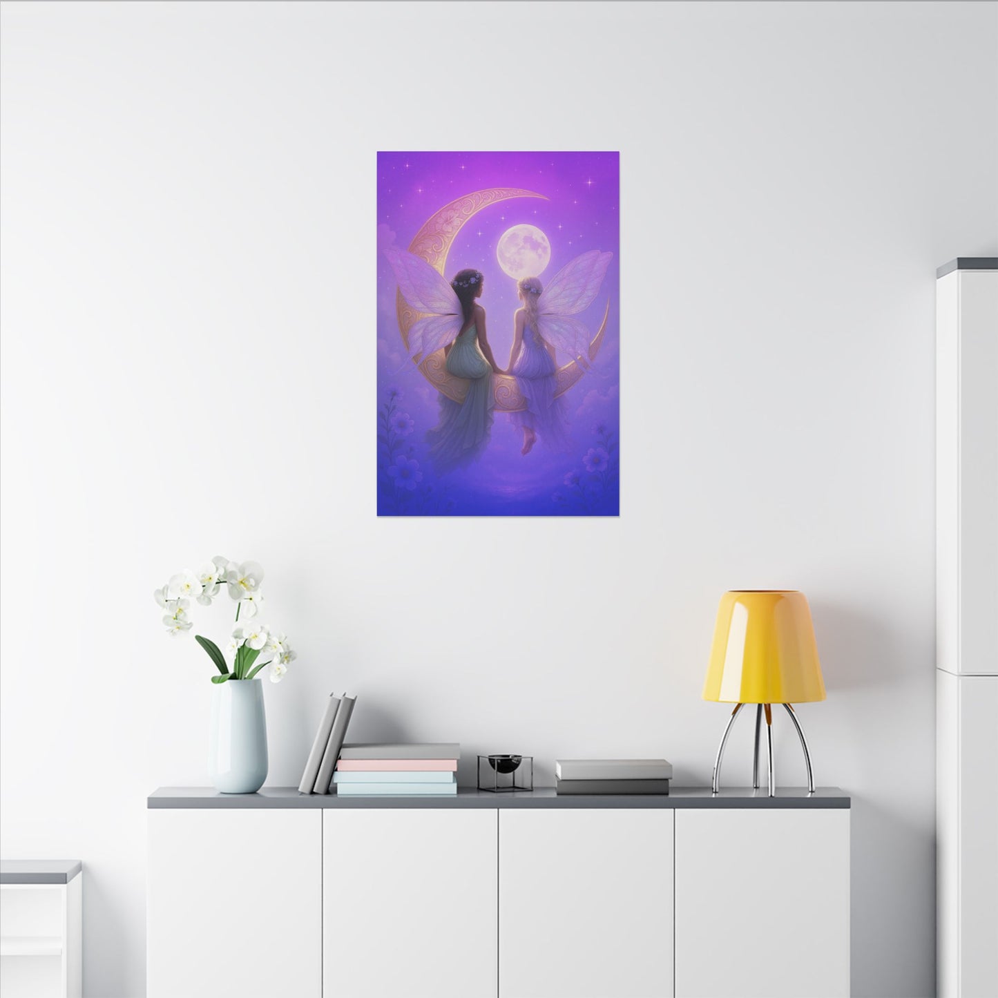 Fairy Friends on the Moon – Enchanted Purple Dream Wall Art