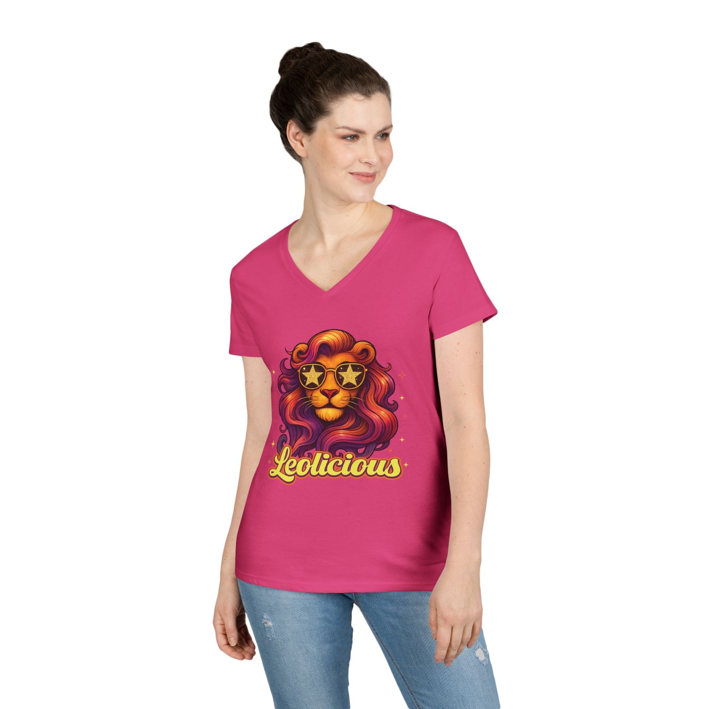 Leolicious Women’s V-Neck Tee – Empowering Retro Lion Zodiac Shirt