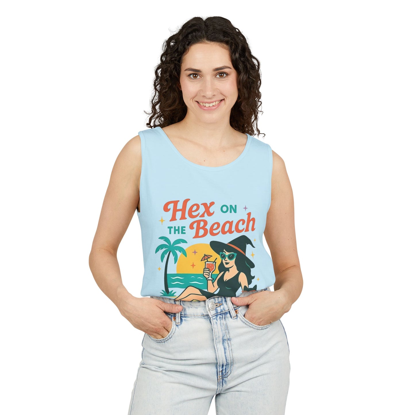 Hex on the Beach โ Sunset Witch Tank with Cat & Cocktail (Unisex)