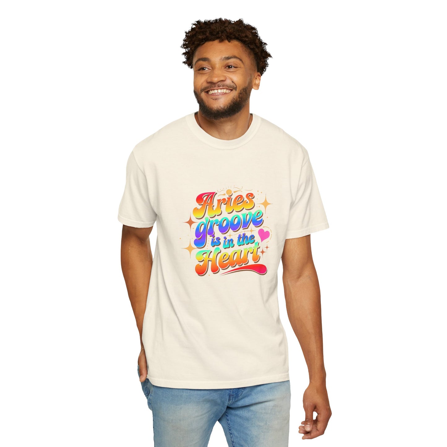 Aries Groove Is in the Heart – Rainbow Retro Zodiac Tee