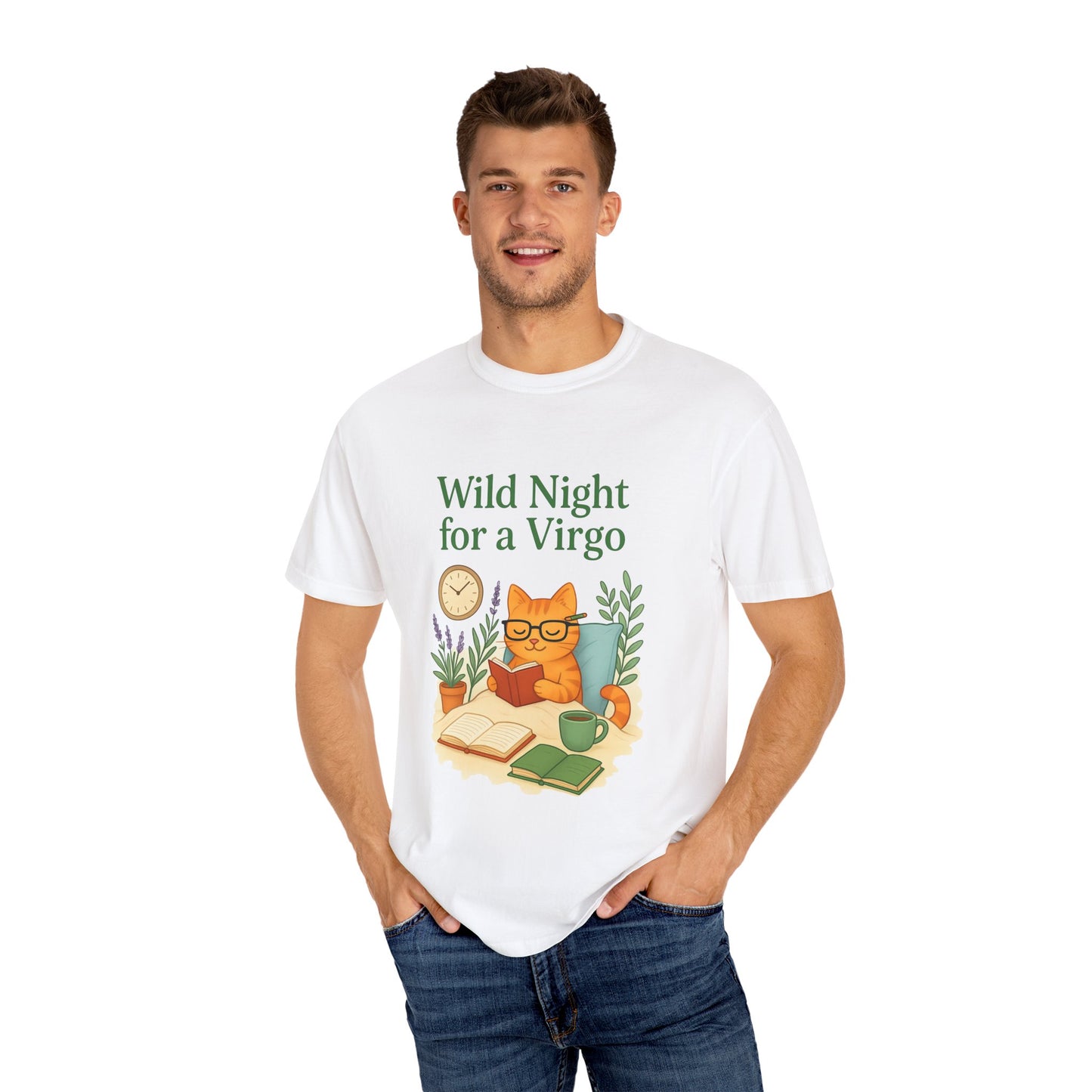 Wild Night for a Virgo – Cozy Cat Tee for Bookish Earth Signs