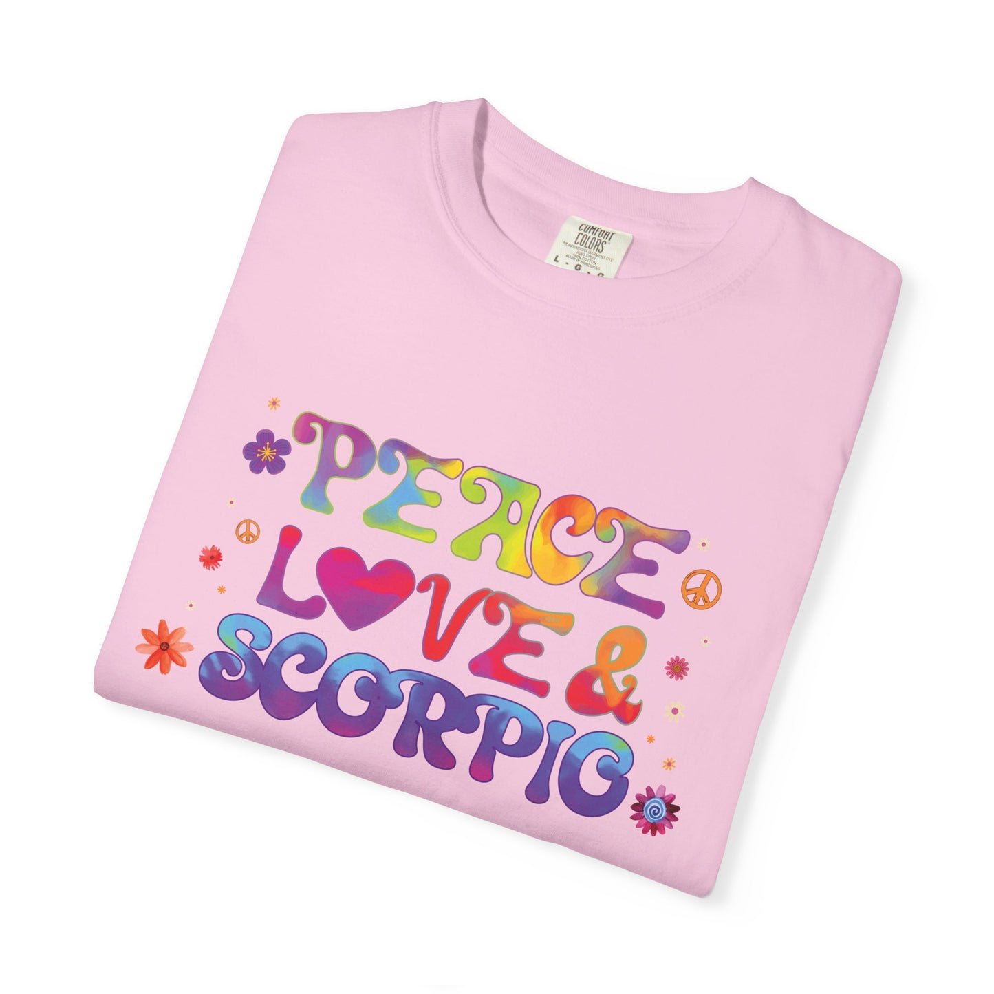 Peace Love & Scorpio Tee β Colorful Retro Zodiac Shirt