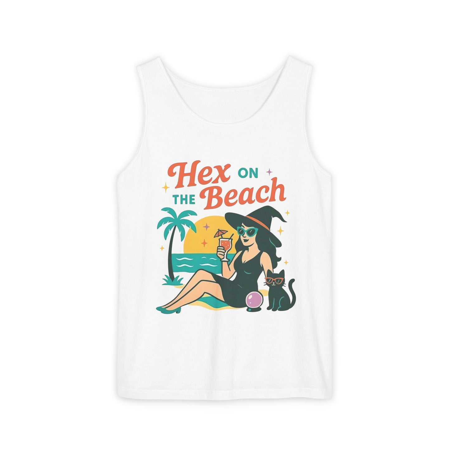 Hex on the Beach โ Sunset Witch Tank with Cat & Cocktail (Unisex)