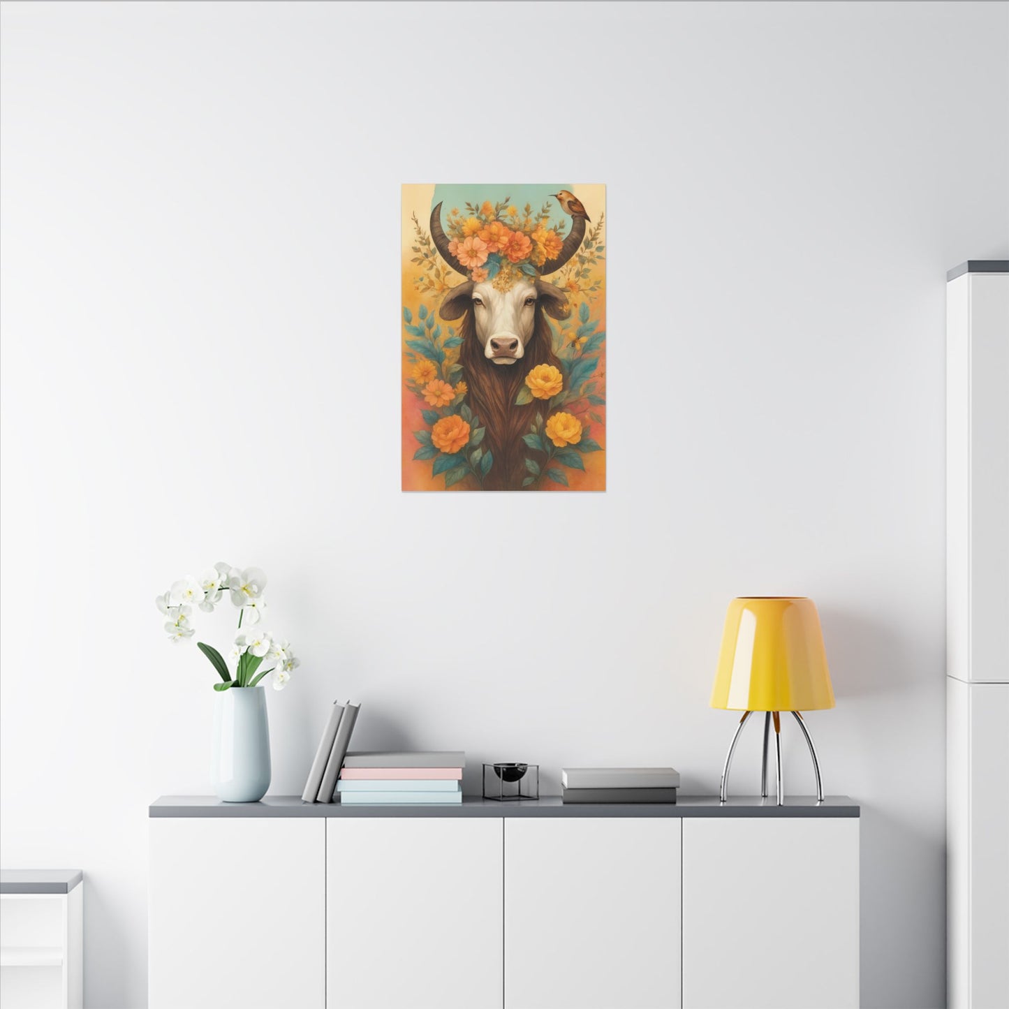 Bull with Bird – Floral Serenity Wall Art (Taurus Inspired)