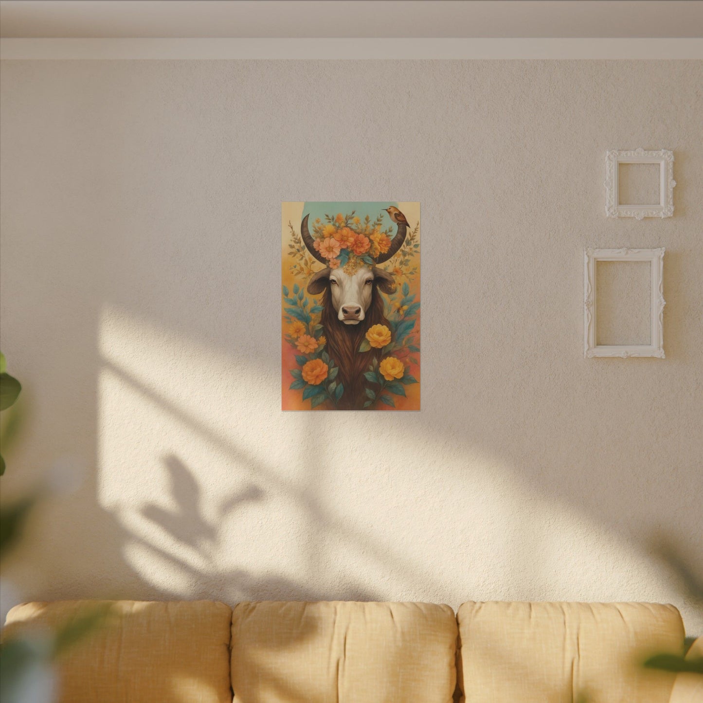 Bull with Bird – Floral Serenity Wall Art (Taurus Inspired)